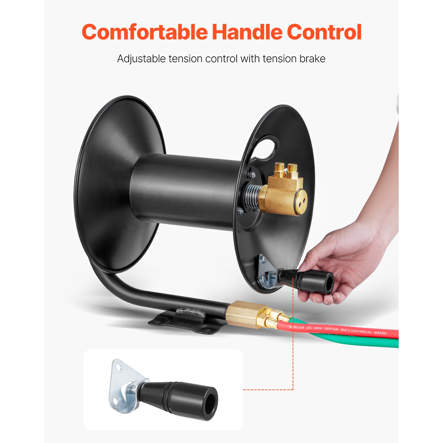 VEVOR 3FT Lead-in Hose Reel Welding, Hand Crank Rewind Hose Reel with Hose and 9/16"-18 B Fittings, Ceiling/Wall Mount Steel Reel for Workshops