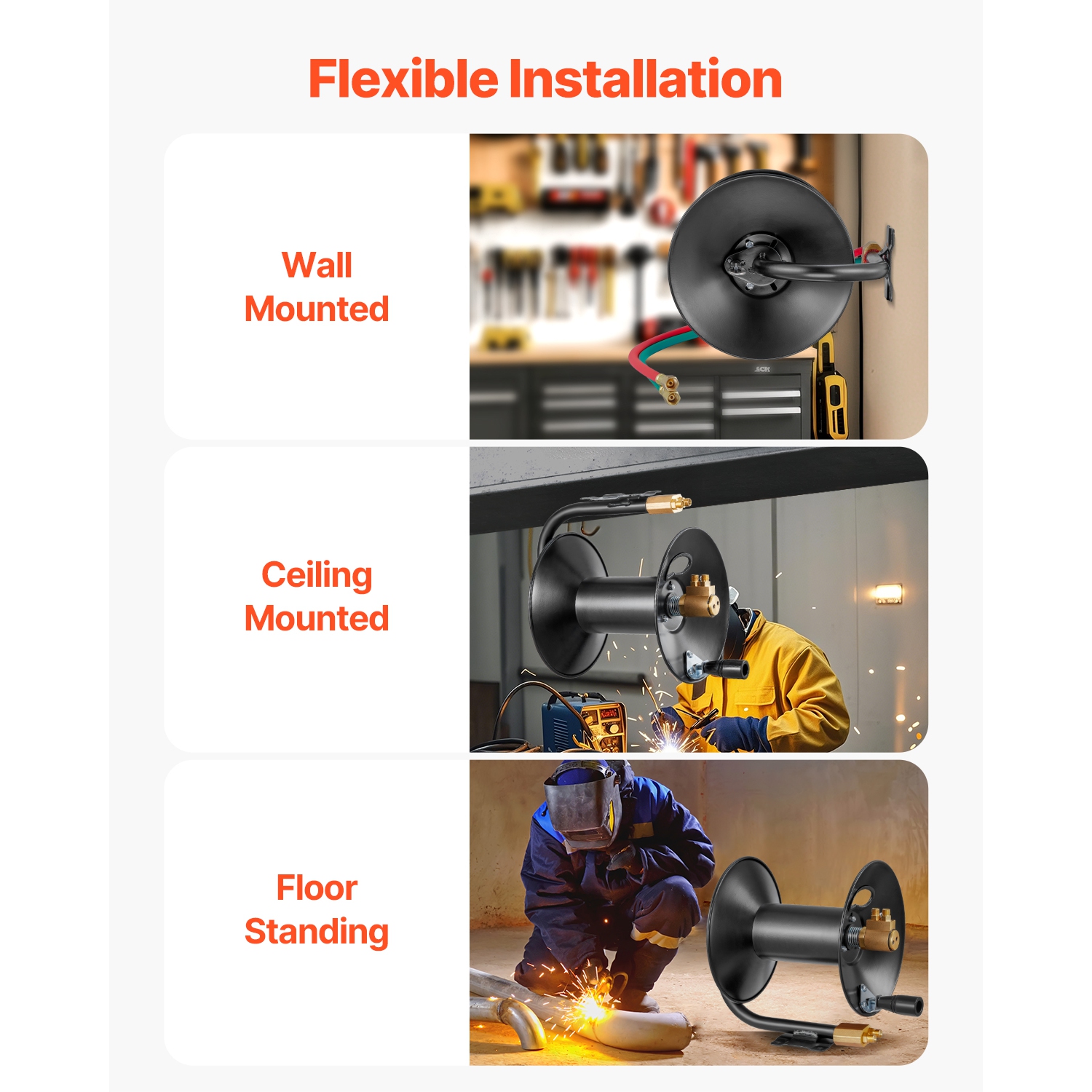 VEVOR 3FT Lead-in Hose Reel Welding, Hand Crank Rewind Hose Reel with Hose and 9/16"-18 B Fittings, Ceiling/Wall Mount Steel Reel for Workshops