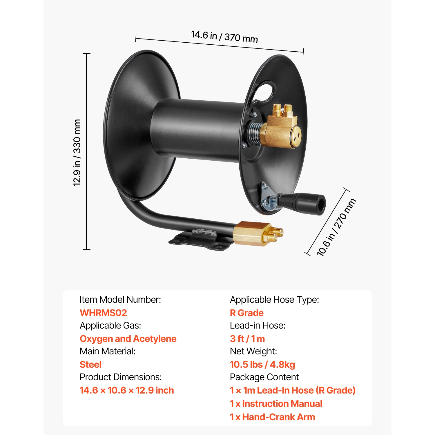 VEVOR 3FT Lead-in Hose Reel Welding, Hand Crank Rewind Hose Reel with Hose and 9/16"-18 B Fittings, Ceiling/Wall Mount Steel Reel for Workshops