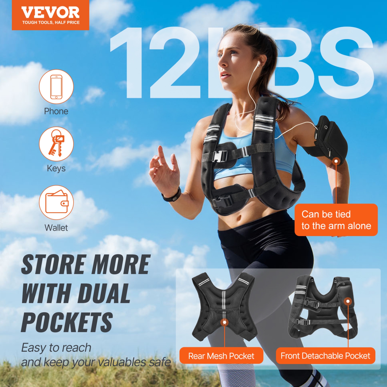 VEVOR 12 lbs Weighted Vest with Reflective Stripe, Adjustable Buckle Body Weight Vest for Men Women, Workout Equipment for Strength Training,