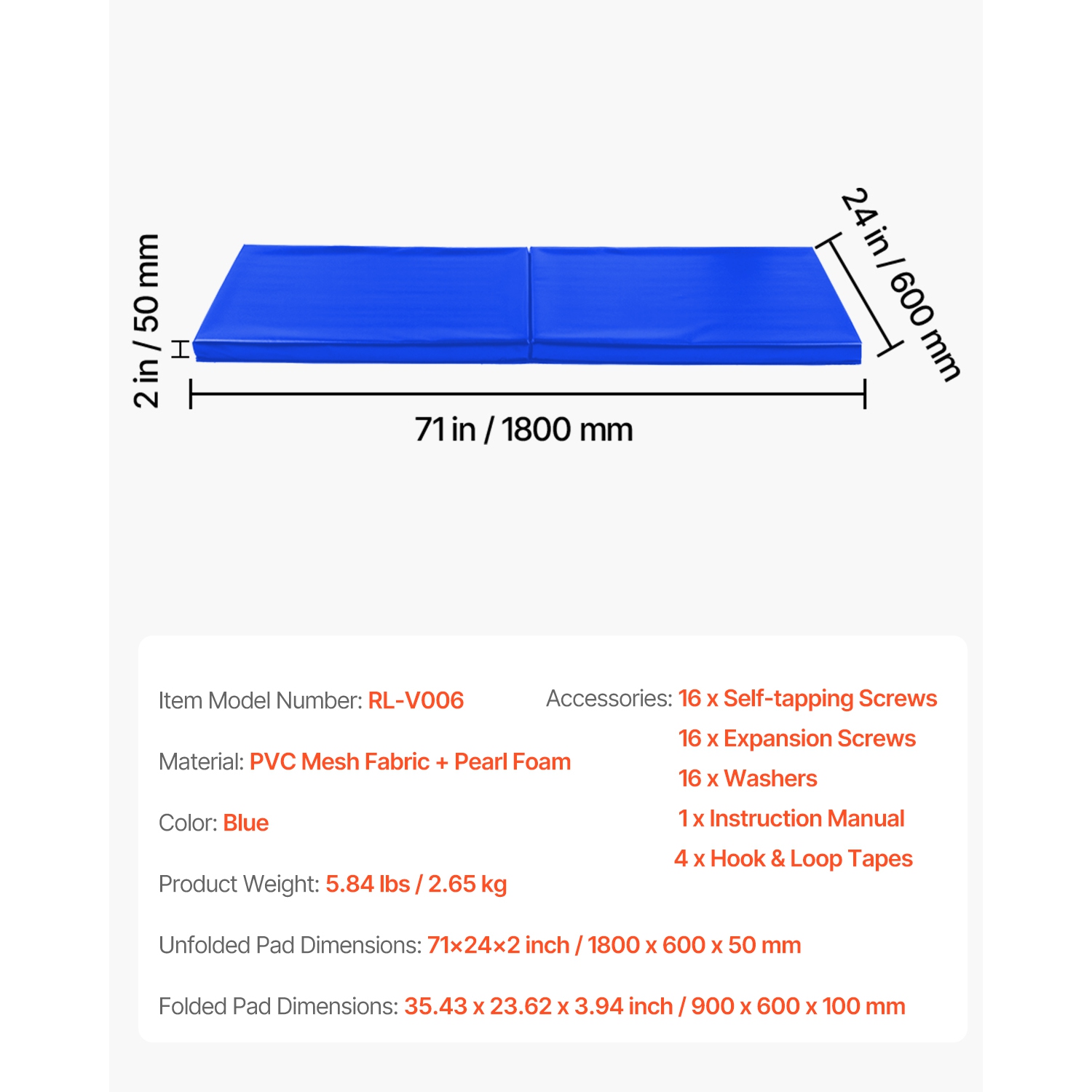 VEVOR 71 x 24 x 2 inch Tear-Resistant Wall Mat,Removable 2" Thick Foam High Density Basketball Court Wall-Mounted Padding,Durable Waterproof
