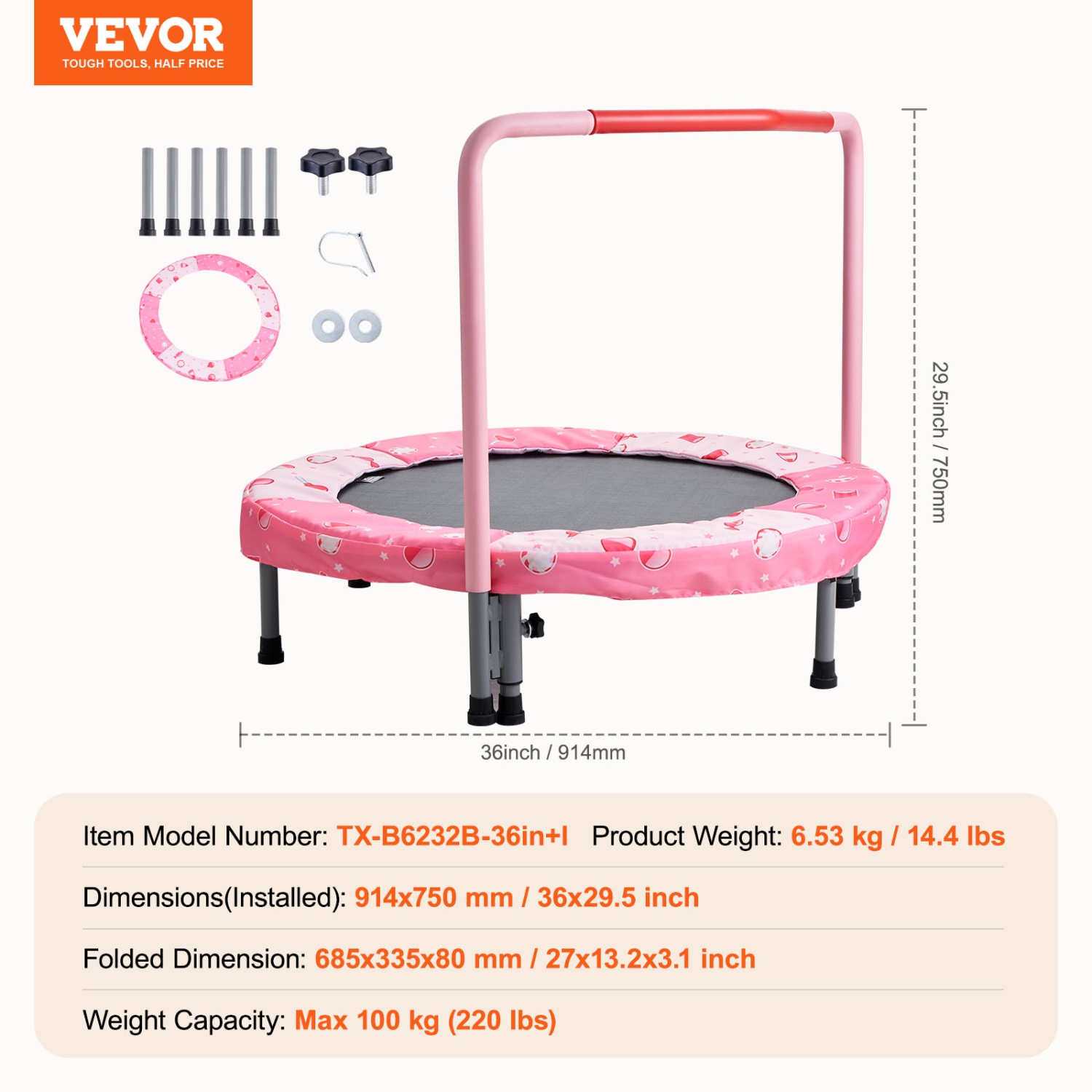 VEVOR 36" Kids Trampoline,3FT Indoor Outdoor Trampoline,Mini Trampoline with Handle,Rebounder Trampoline for Toddlers, Birthday Gift for 3+ Years