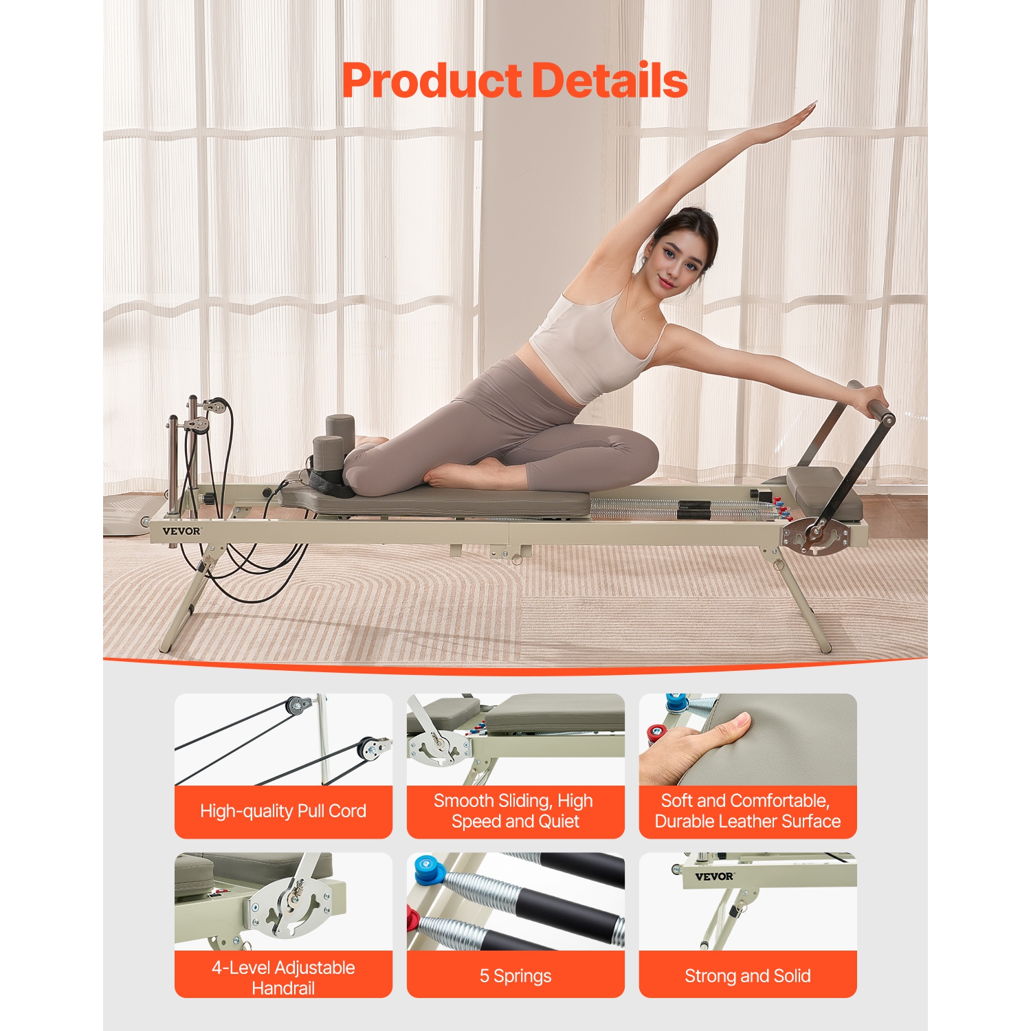 VEVOR 400 LBS Foldable Pilates Reformer, Pilates Workout Machine for Gym Studio Use, Pilates Bed with Dual Resistance- Spring & Cord, Reformer Set