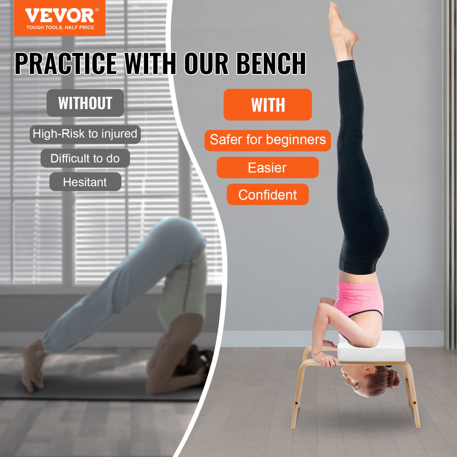 VEVOR 300 lbs Capacity Yoga Inversion Chair for Family Gym, Headstand Trainer with Wood Frame & PU Pad, Stand Yoga Stool for Strength Balance