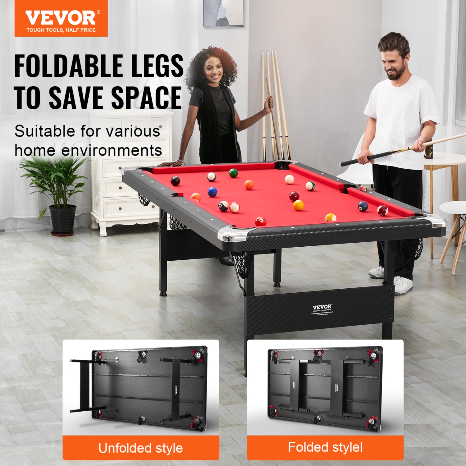 VEVOR 7 ft Pool Table,Portable Foldable Space-Saving Table,Billiard Table Set Includes Balls,Cues, Chalks and Brush, Black with Red Cloth, Perfect