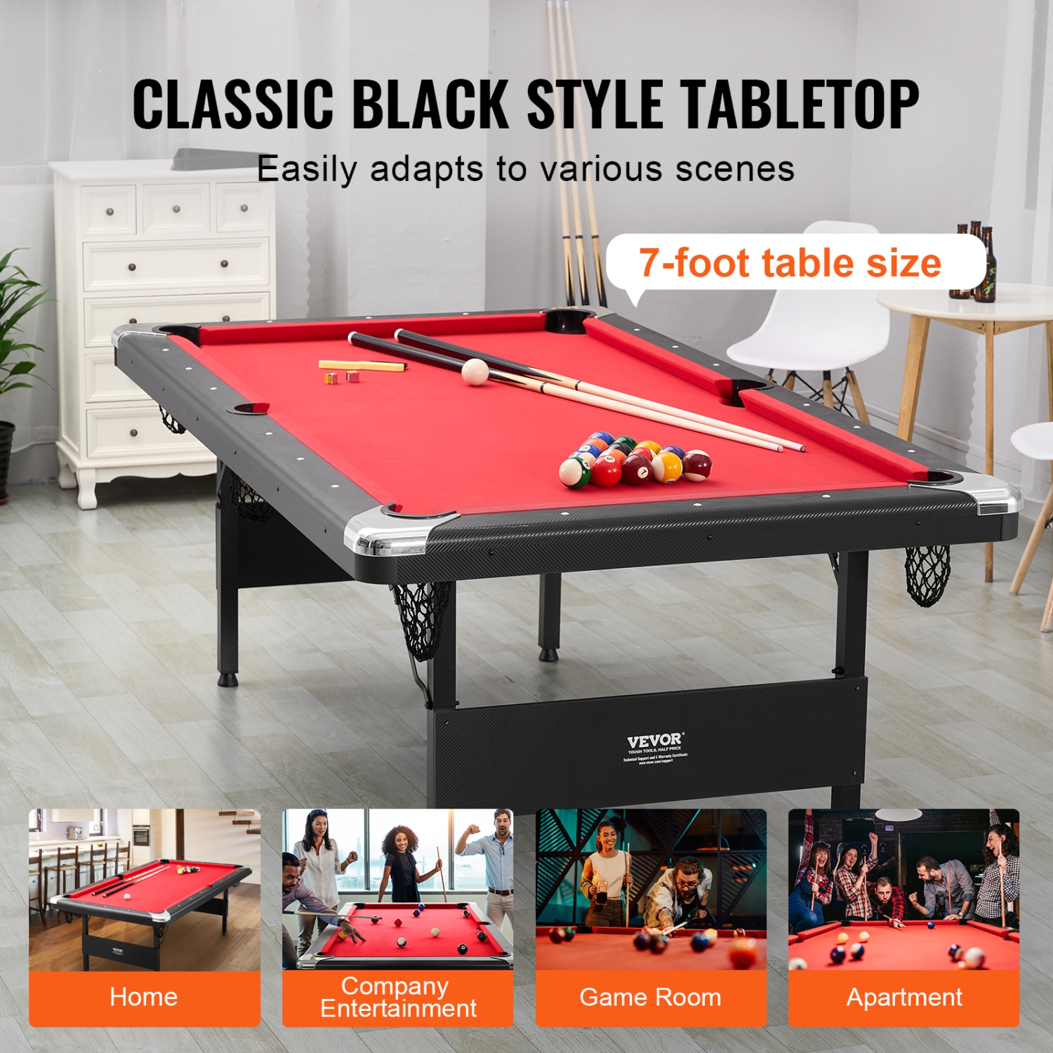 VEVOR 7 ft Pool Table,Portable Foldable Space-Saving Table,Billiard Table Set Includes Balls,Cues, Chalks and Brush, Black with Red Cloth, Perfect