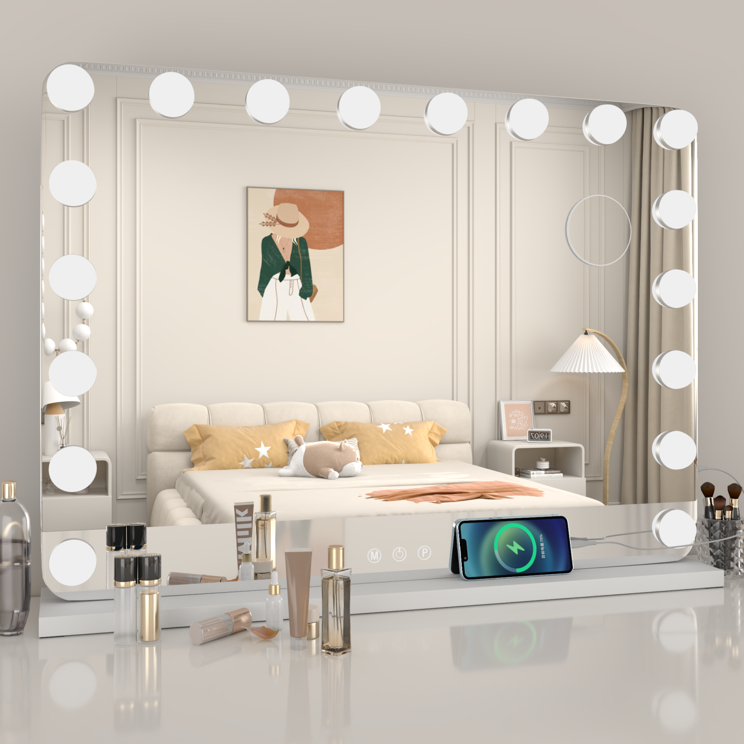 U-HOMY 8/31 – Miroir de salle de bain LED de 22&nbsp;po avec Bluetooth – Miroir de maquillage Hollywood avec lumières, 15 ampoules à intensité