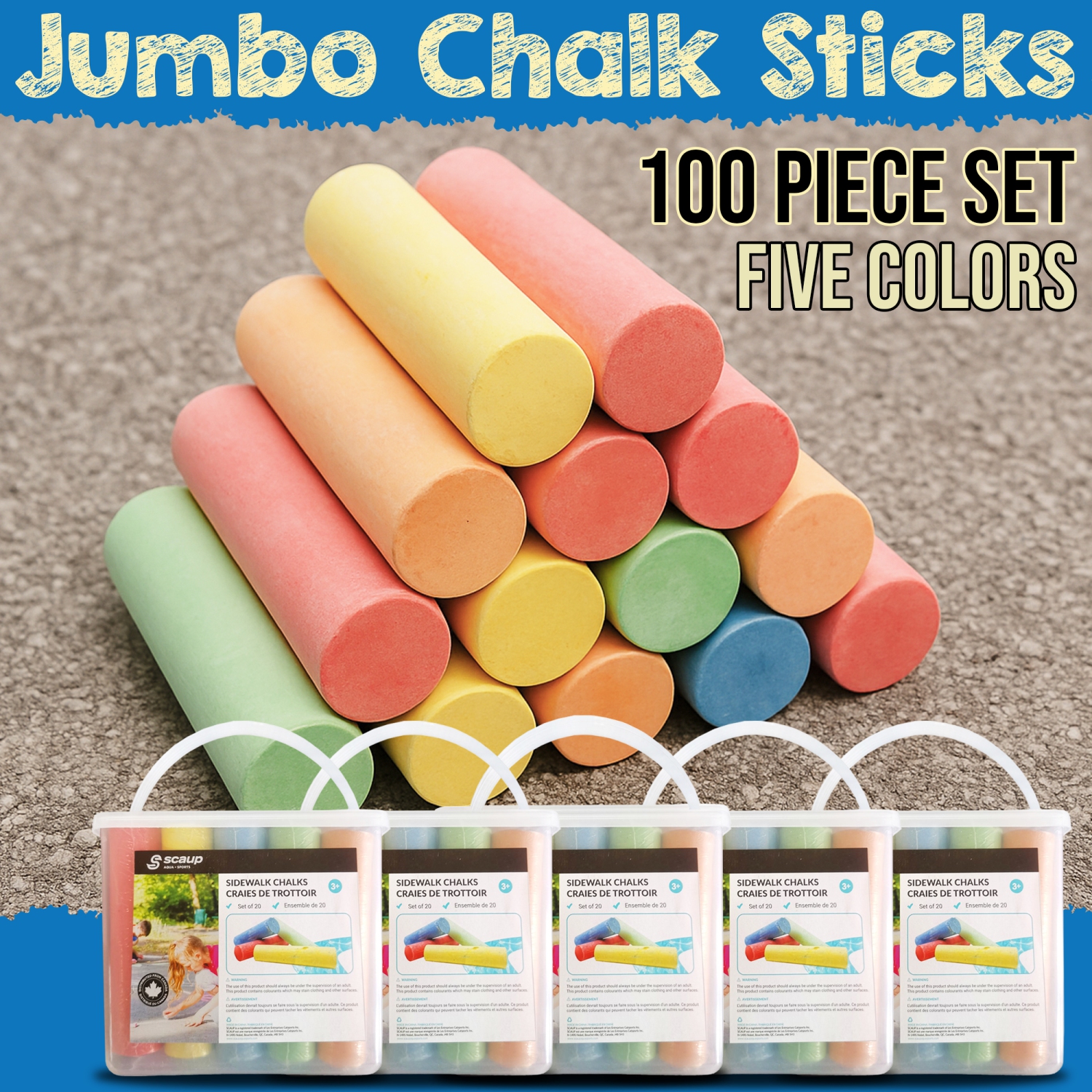 Scaup 5-Color Sidewalk Chalk Set - 100-Piece Multi-Colored Jumbo Chalk Sticks for Outdoor Use on Asphalt, Concrete, Pavement and Driveways