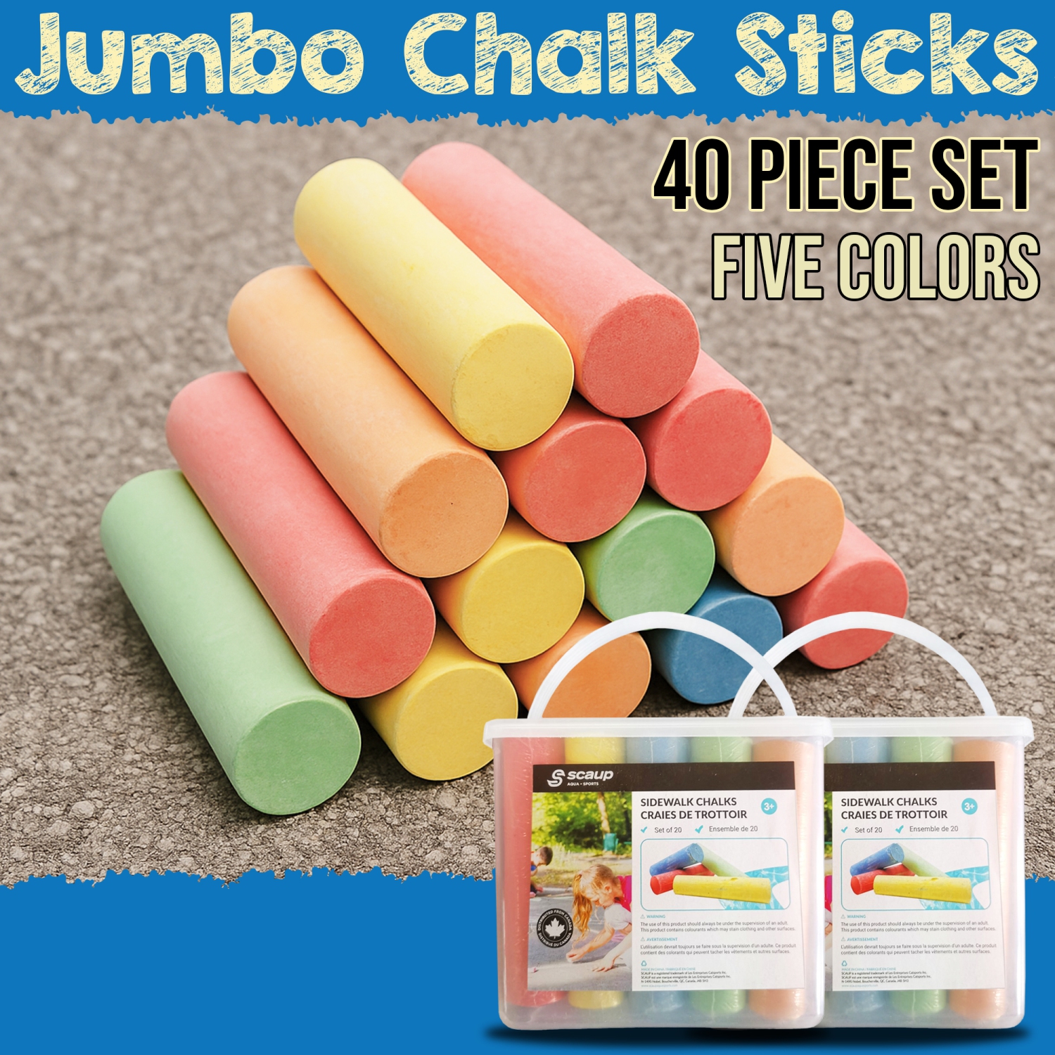 Scaup 5-Color Sidewalk Chalk Set - 40-Piece Multi-Colored Jumbo Chalk Sticks for Outdoor Use on Asphalt, Concrete, Pavement and Driveways