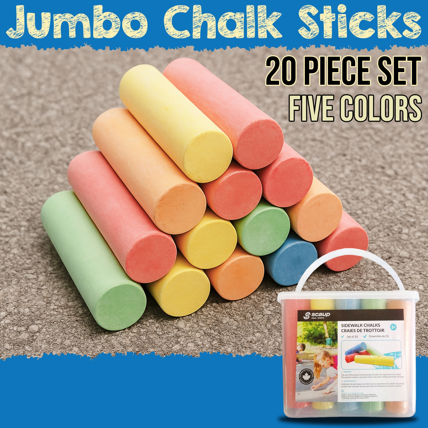 Ensemble de craies de trottoir à 5 couleurs de Scaup - 20 craies géantes multicolores pour une utilisation extérieure sur l'asphalte, le béton, le