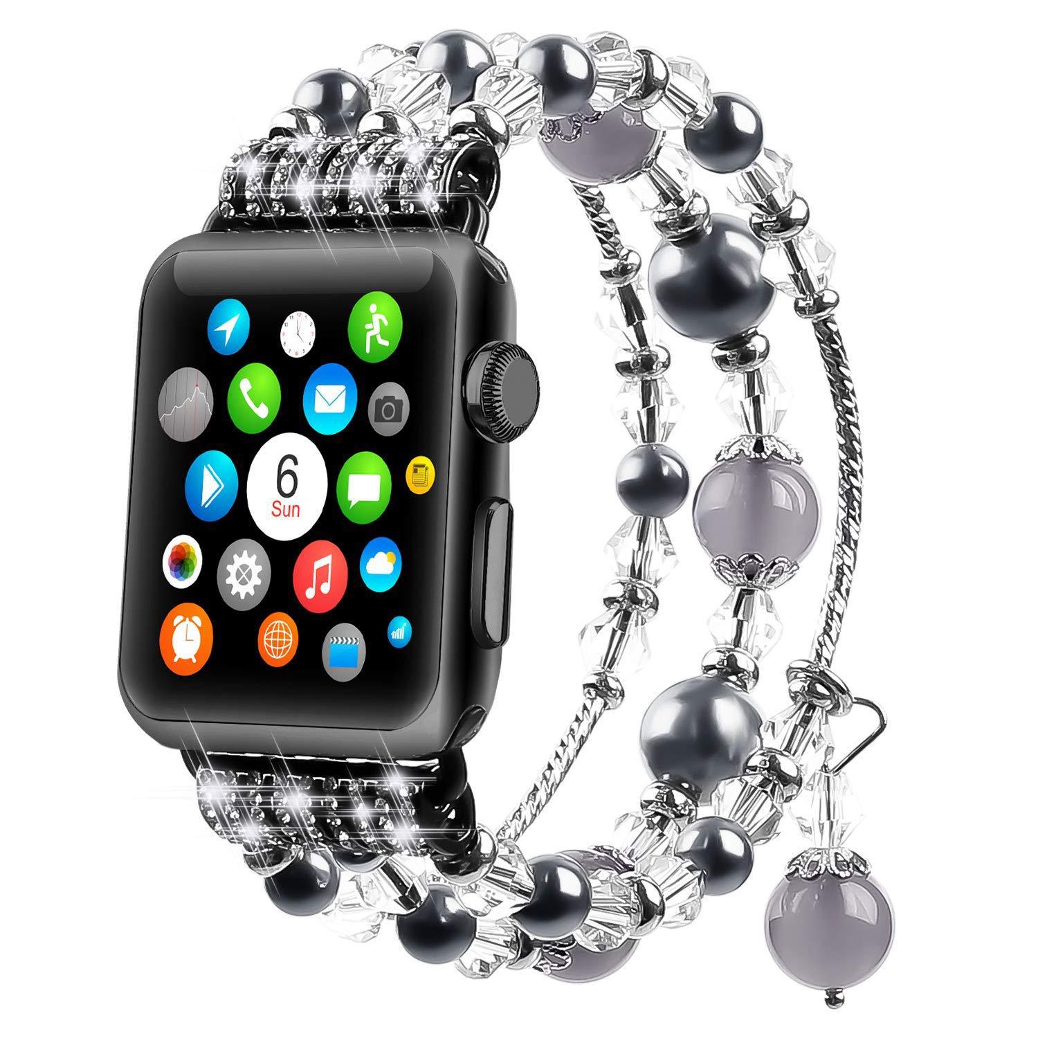 Pour le bracelet Apple iWatch 9/8/7, le bracelet perle cristal agate naturel, le bracelet élastique tendance pour femmes fait à la main enagate gris