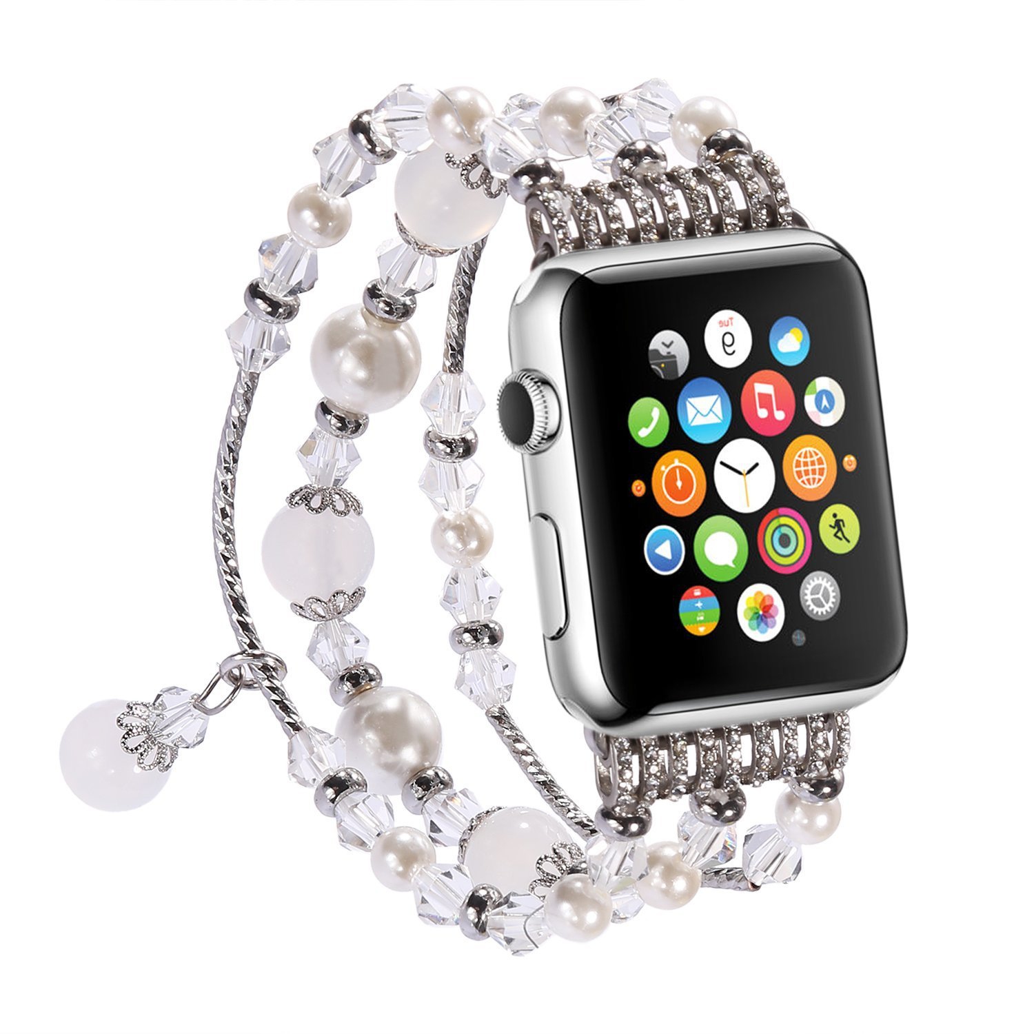Pour Apple iWatch 9/8/7 bracelet, bracelet perle cristaux agate naturel, bracelet élastique mode femme,verre agate blanc 38/40/41mm