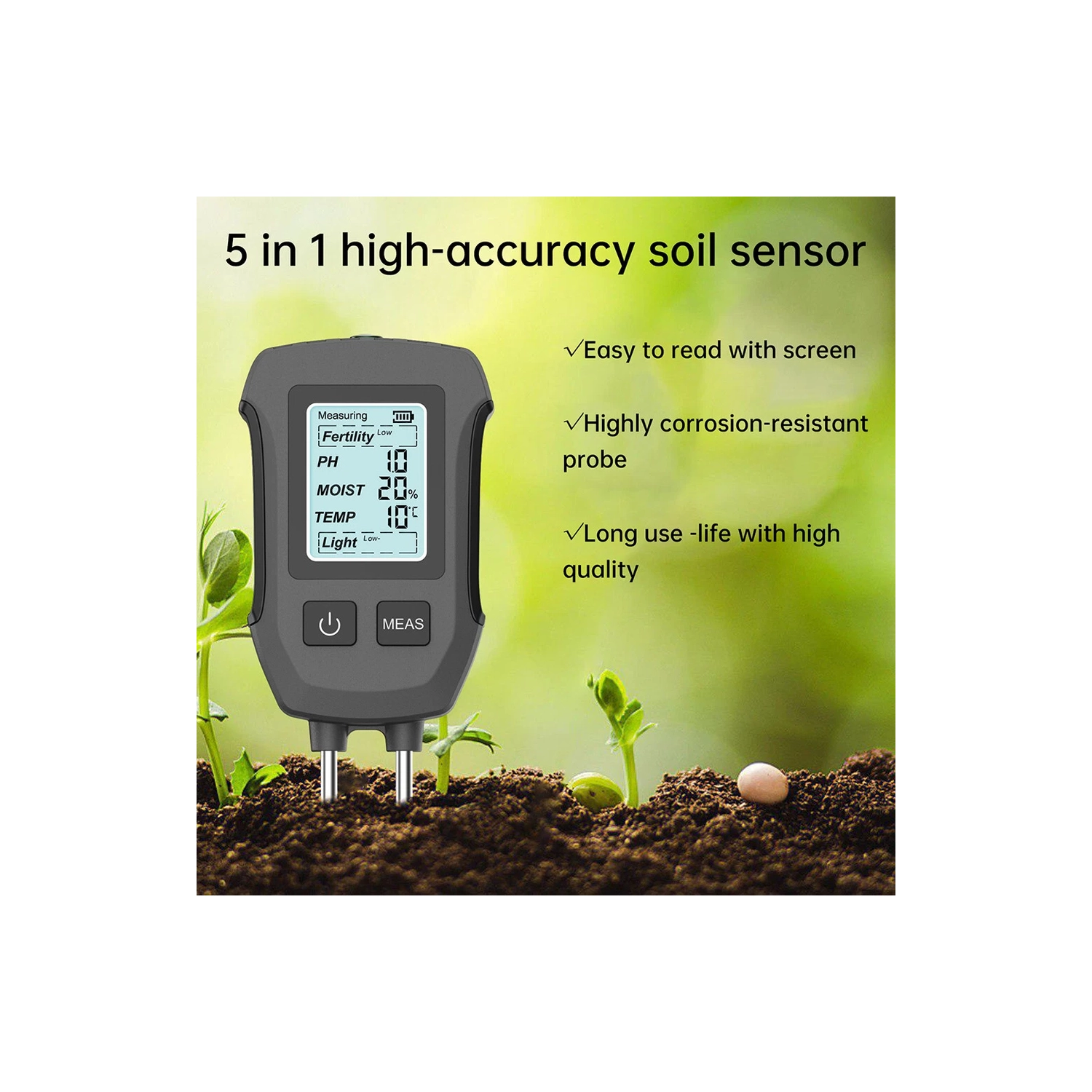 Appareil de mesure de pH/intensité lumineuse/température et d'humidité/fécondité à deux sondes de haute précision pour testeur de sol cinq-en-un à