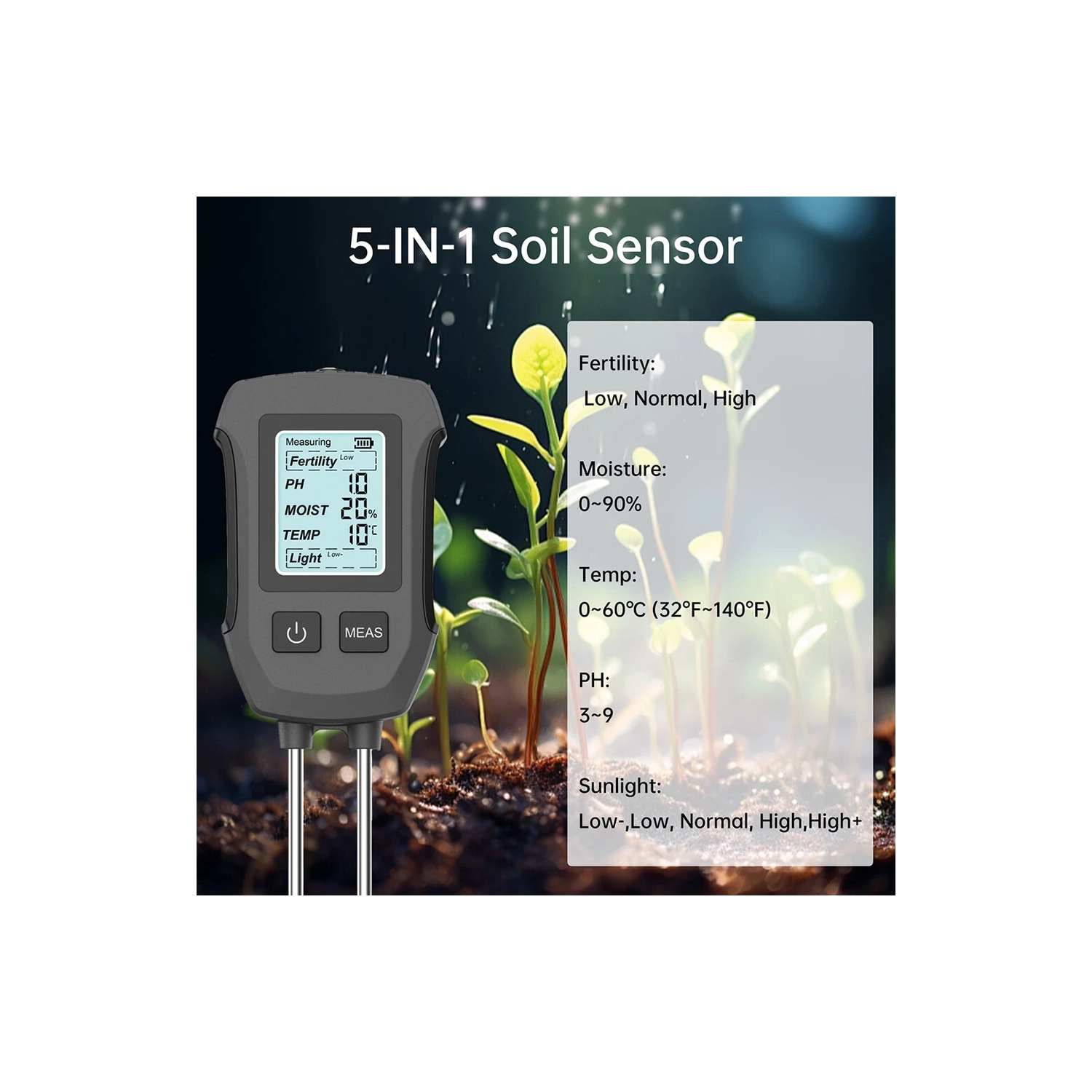 Appareil de mesure de pH/intensité lumineuse/température et d'humidité/fécondité à deux sondes de haute précision pour testeur de sol cinq-en-un à