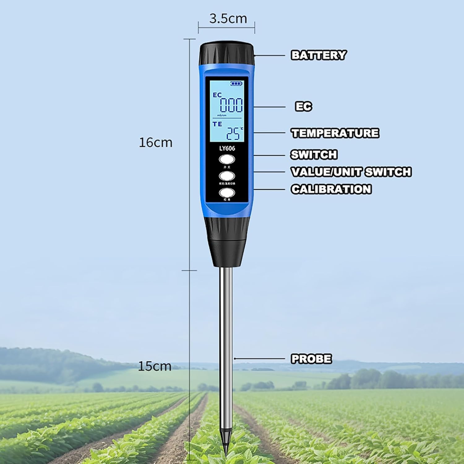 Soil conductivity EC tester, conductivity meter and temperature monitor, for fertilizer nutrient salt detection, ideal for plant care