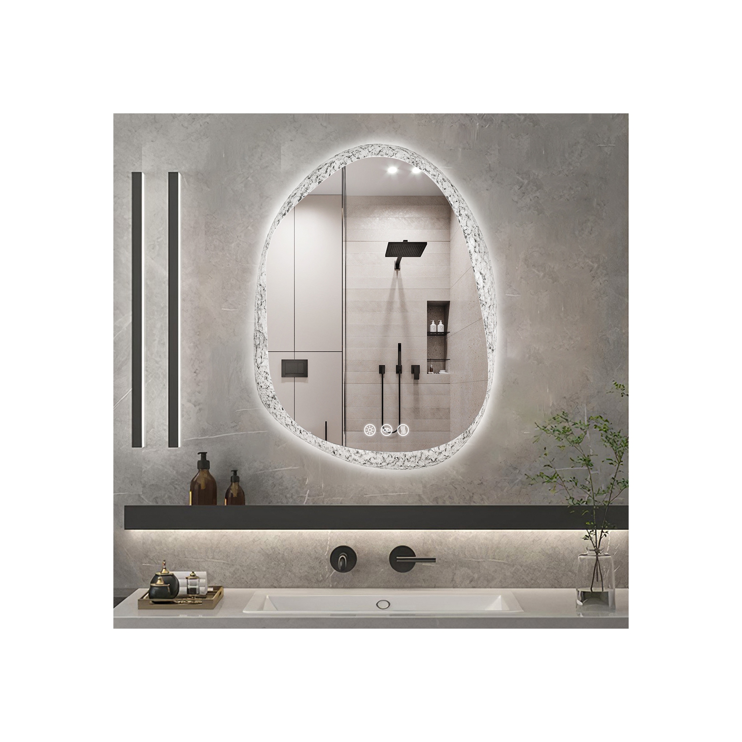 LUVODI Lighted LED Bathroom Mirror 20"x28" Irregular Stone Pattern Frosted Wall Vanity Mirror with Bright Back Lit Modern Dimmable Smart Mirror Anti