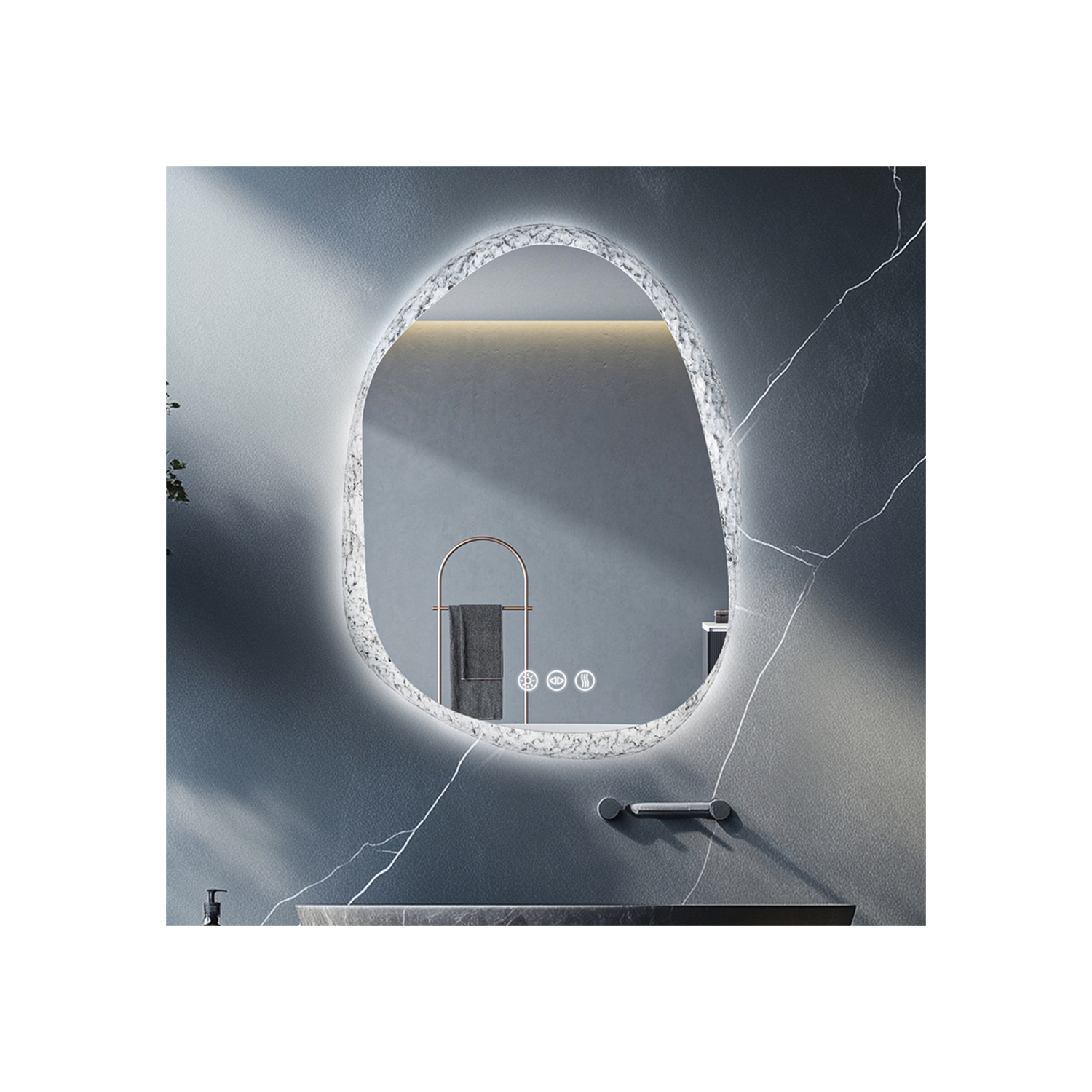 LUVODI Lighted LED Bathroom Mirror 20"x28" Irregular Stone Pattern Frosted Wall Vanity Mirror with Bright Back Lit Modern Dimmable Smart Mirror Anti