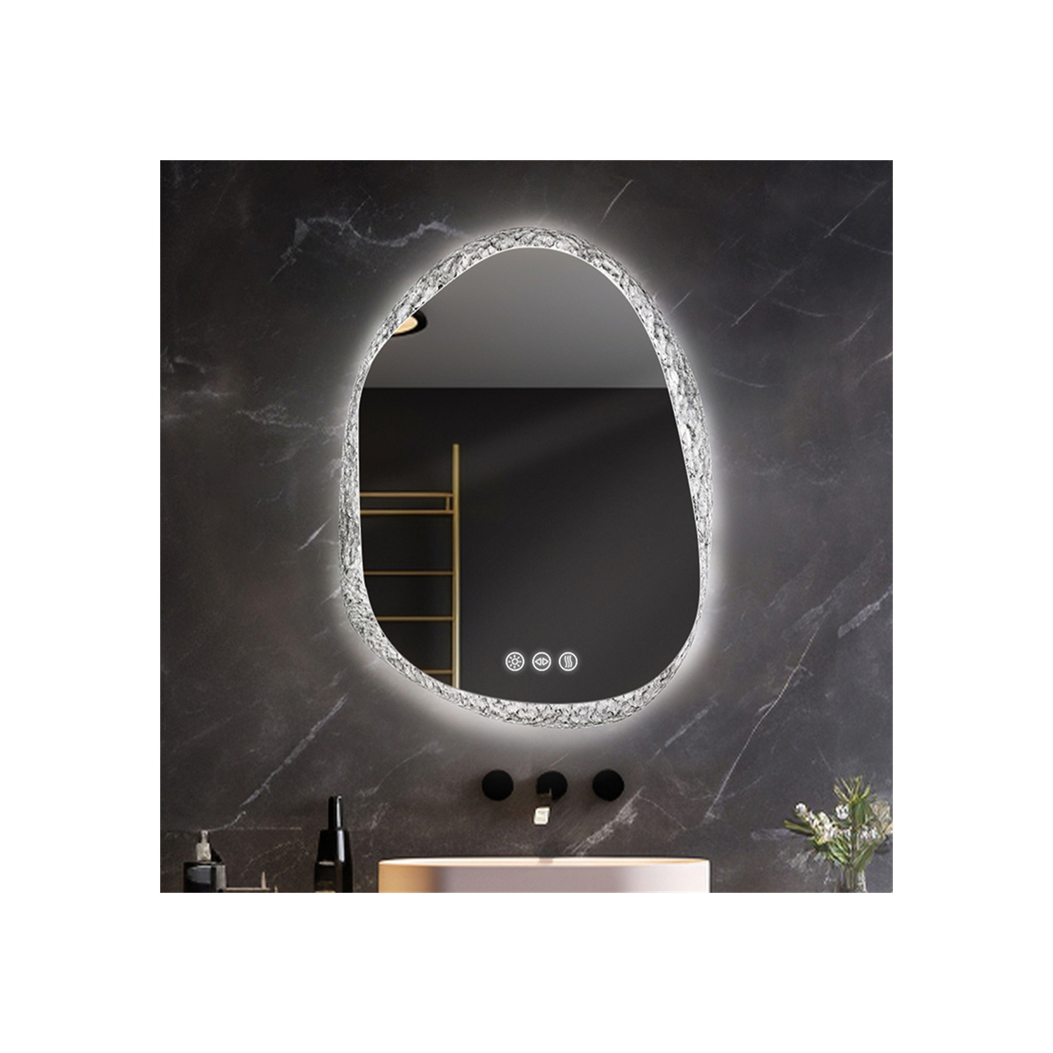 LUVODI Lighted LED Bathroom Mirror 20"x28" Irregular Stone Pattern Frosted Wall Vanity Mirror with Bright Back Lit Modern Dimmable Smart Mirror Anti