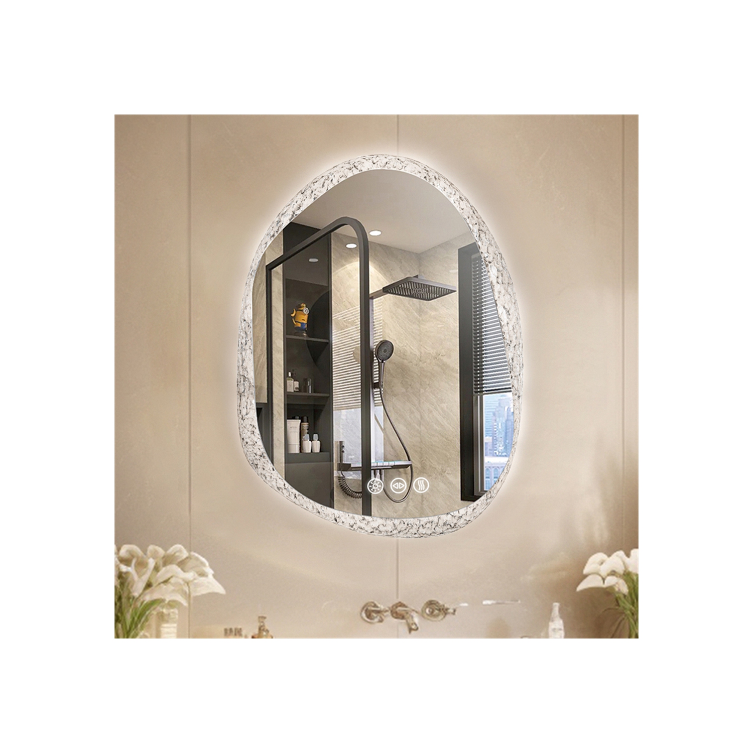 LUVODI Lighted LED Bathroom Mirror 20"x28" Irregular Stone Pattern Frosted Wall Vanity Mirror with Bright Back Lit Modern Dimmable Smart Mirror Anti