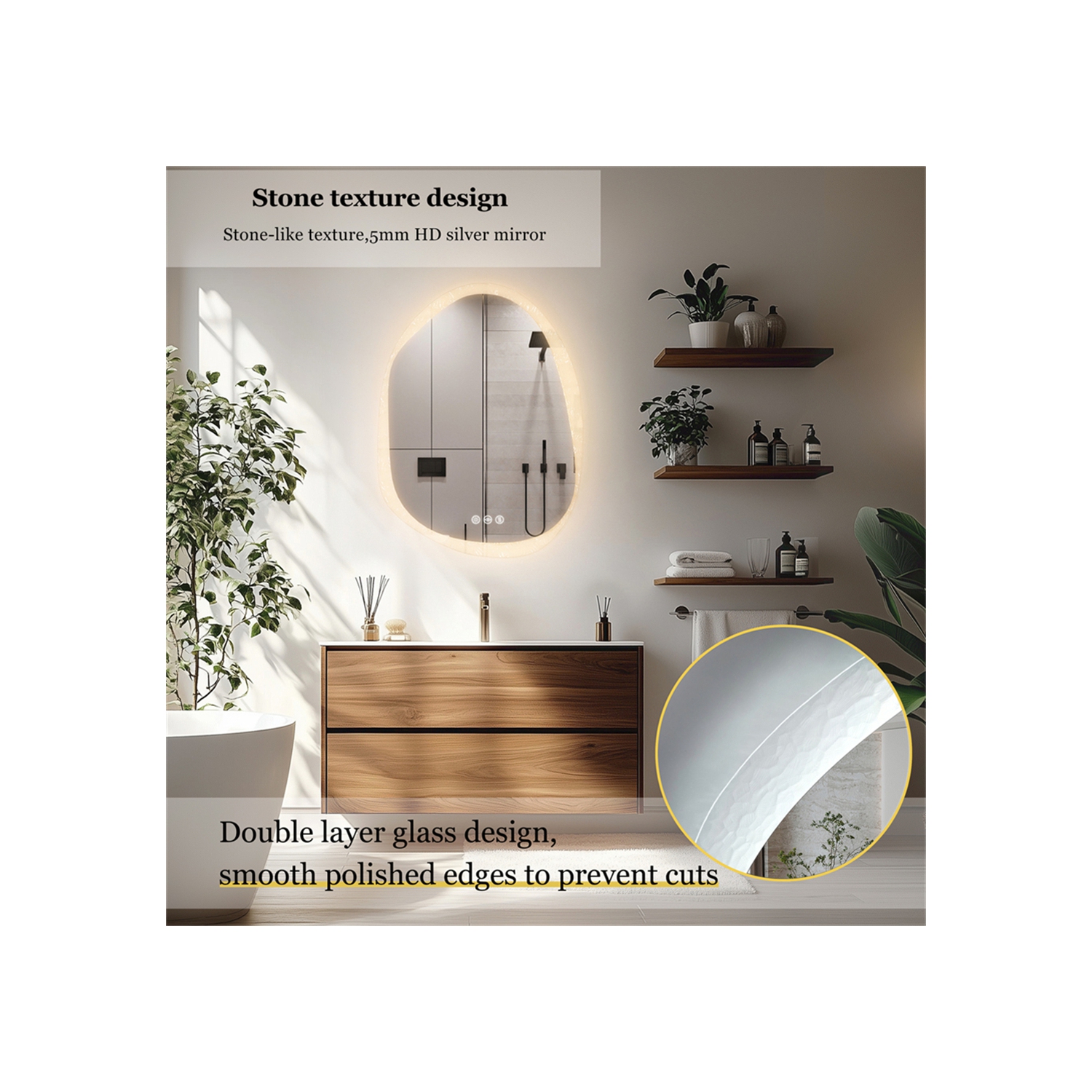 LUVODI Lighted LED Bathroom Mirror 20"x28" Irregular Stone Pattern Frosted Wall Vanity Mirror with Bright Back Lit Modern Dimmable Smart Mirror Anti