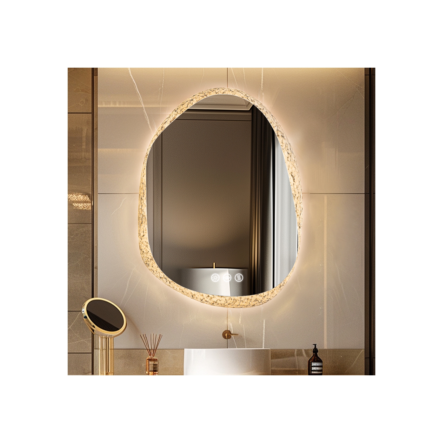 LUVODI Lighted LED Bathroom Mirror 24"x32" Irregular Stone Pattern Frosted Wall Vanity Mirror with Bright Back Lit Modern Dimmable Smart Mirror Anti