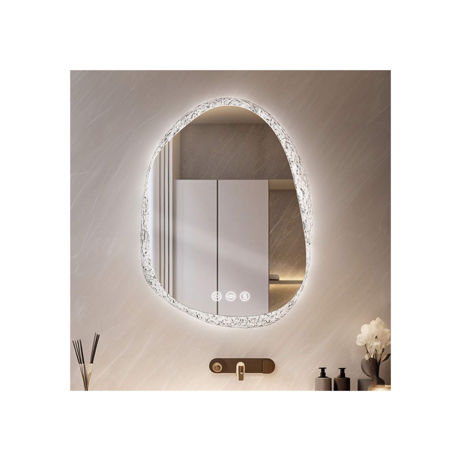 LUVODI Lighted LED Bathroom Mirror 24"x32" Irregular Stone Pattern Frosted Wall Vanity Mirror with Bright Back Lit Modern Dimmable Smart Mirror Anti