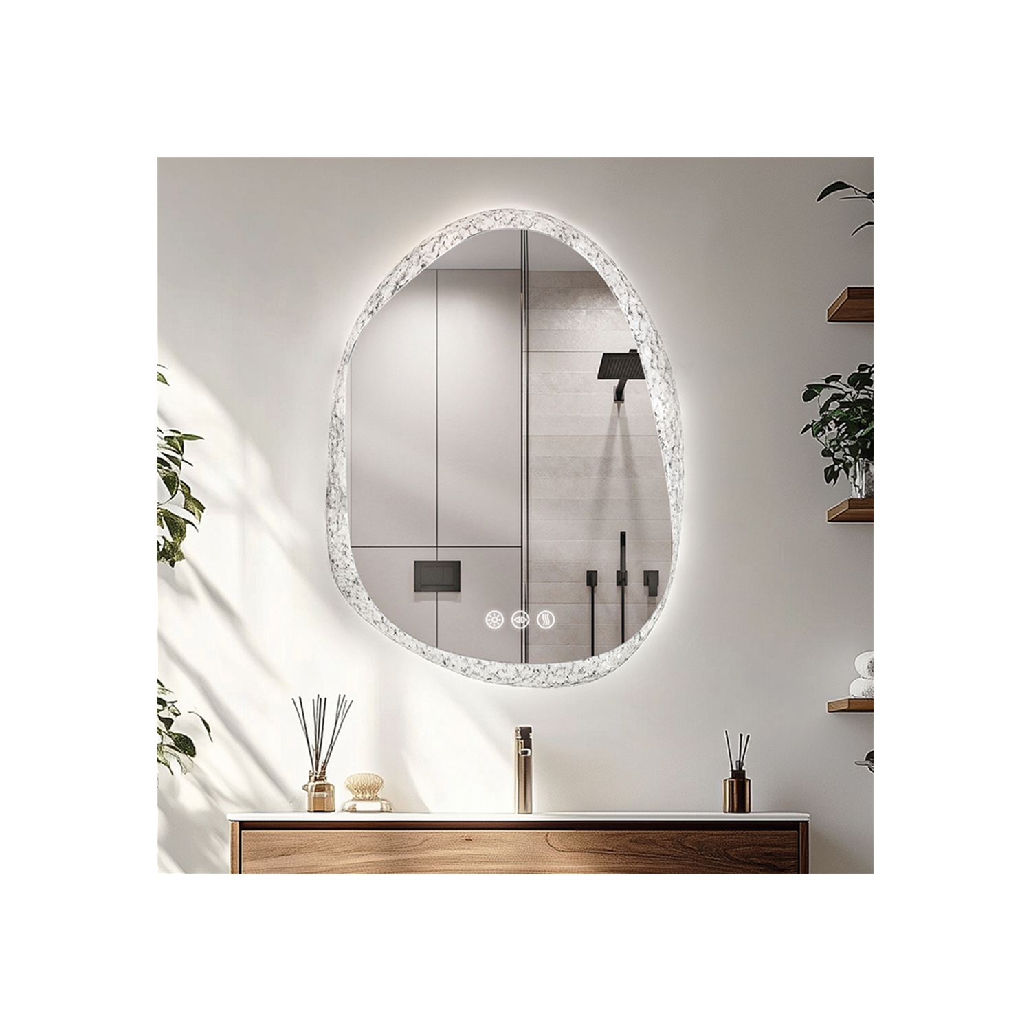 LUVODI Lighted LED Bathroom Mirror 24"x32" Irregular Stone Pattern Frosted Wall Vanity Mirror with Bright Back Lit Modern Dimmable Smart Mirror Anti