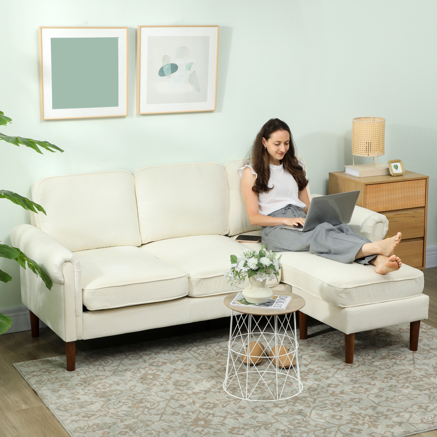 HOMCOM Sectional Sofa with changeable Chaise Lounge, 3-Seater Chenille Upholstery Couch with Wooden Legs, Modern L Shape Corner Sofa for Living Room,