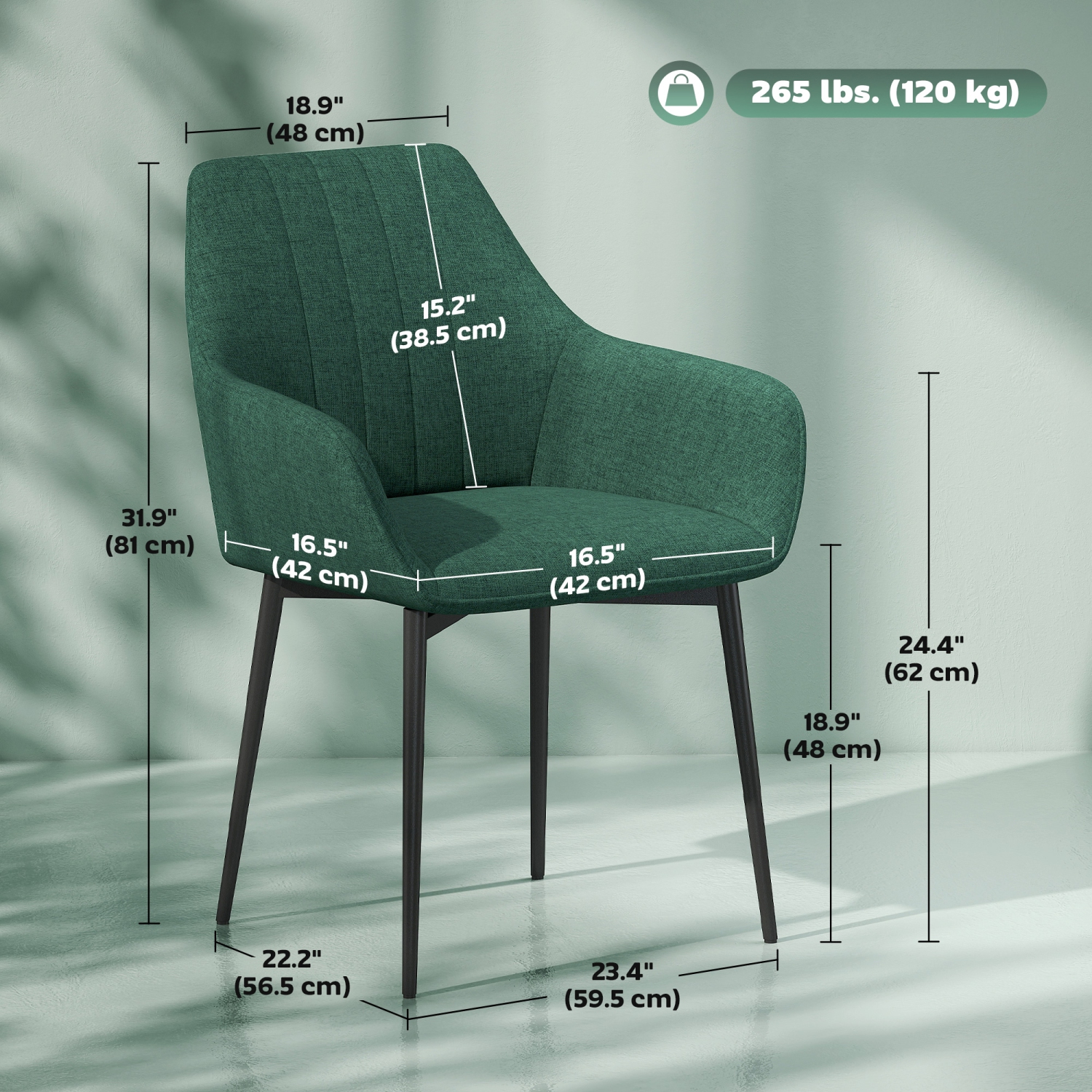 HOMCOM Dining Chairs Set of 2, Upholstered Kitchen Chairs, Linen Fabric Accent Arm Chairs with Metal Legs, Dark Green