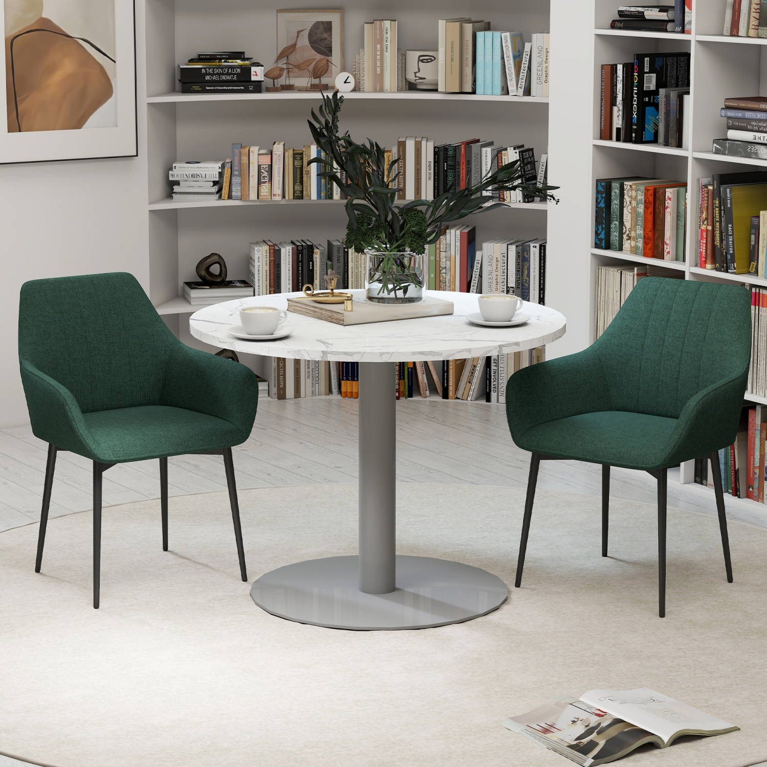 HOMCOM Dining Chairs Set of 2, Upholstered Kitchen Chairs, Linen Fabric Accent Arm Chairs with Metal Legs, Dark Green