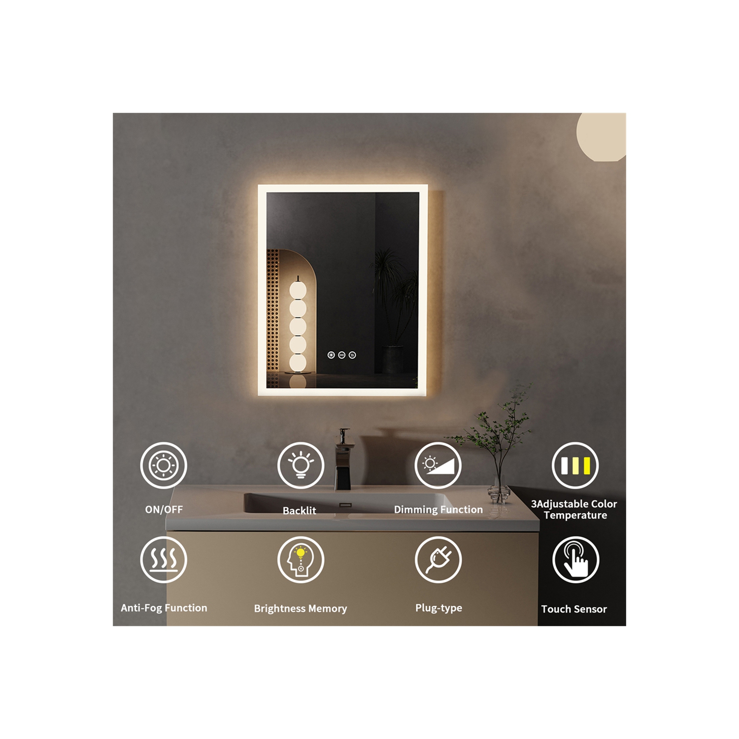 16 x 20 Inch Rectangle LED Bathroom Mirror Anti-Fog Wall Mounted Lighted Bathroom Vanity Mirror Smart Makeup Mirror 3 Colors Light Dimmable Touch