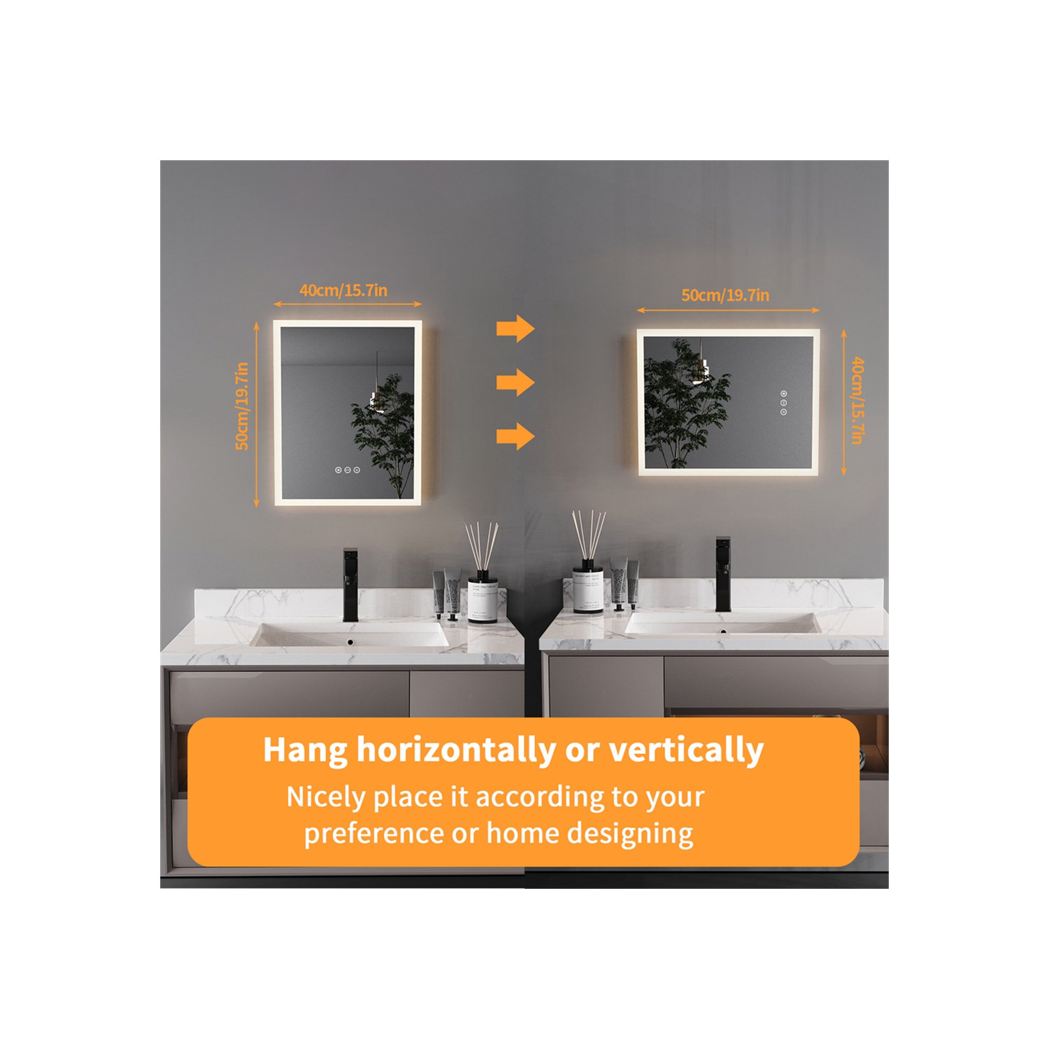 16 x 20 Inch Rectangle LED Bathroom Mirror Anti-Fog Wall Mounted Lighted Bathroom Vanity Mirror Smart Makeup Mirror 3 Colors Light Dimmable Touch