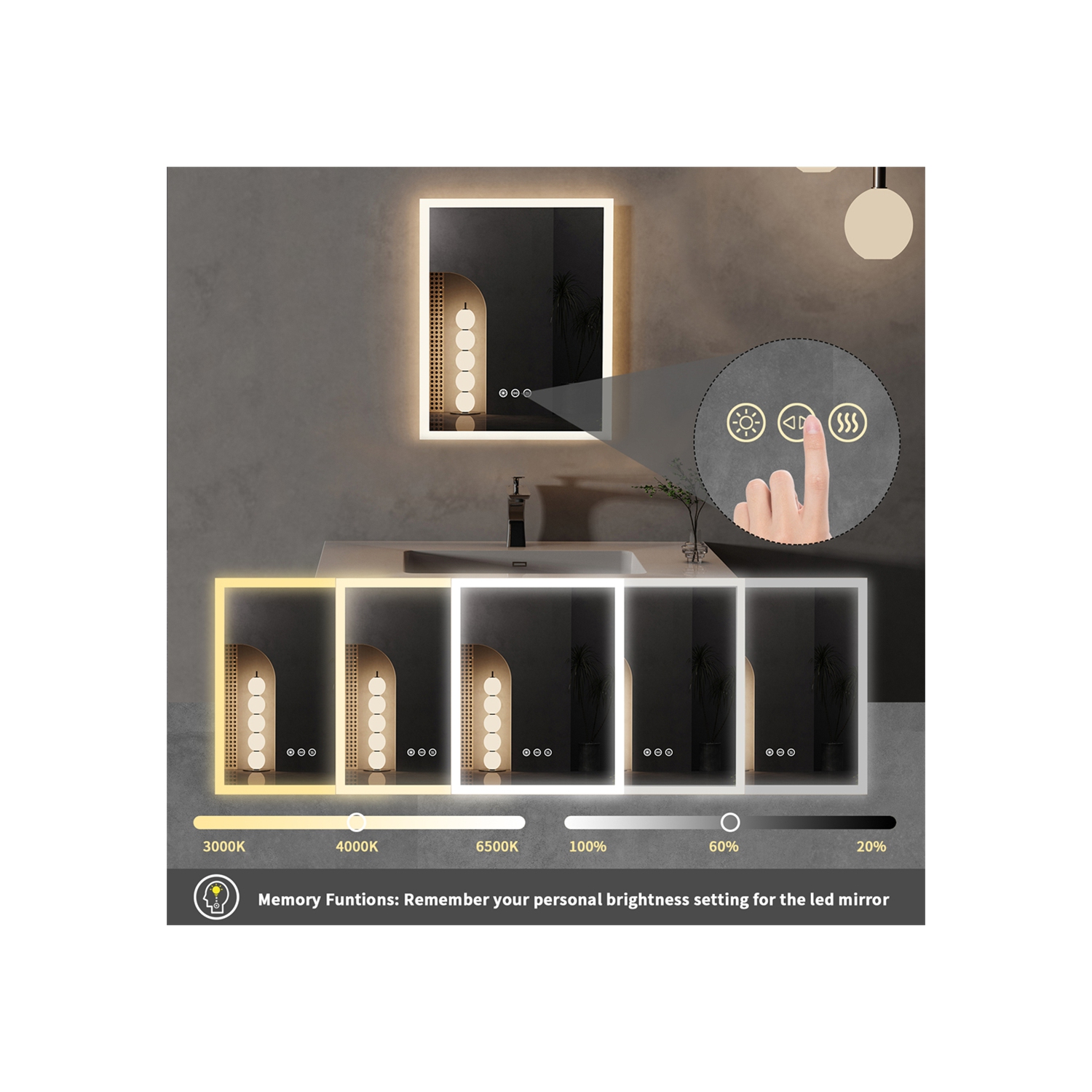 16 x 20 Inch Rectangle LED Bathroom Mirror Anti-Fog Wall Mounted Lighted Bathroom Vanity Mirror Smart Makeup Mirror 3 Colors Light Dimmable Touch