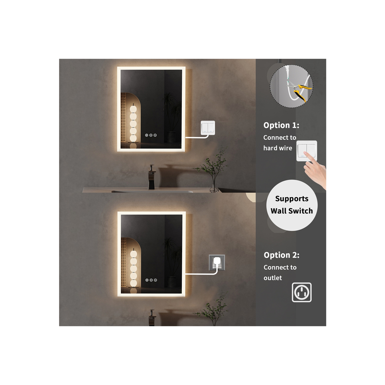 16 x 20 Inch Rectangle LED Bathroom Mirror Anti-Fog Wall Mounted Lighted Bathroom Vanity Mirror Smart Makeup Mirror 3 Colors Light Dimmable Touch