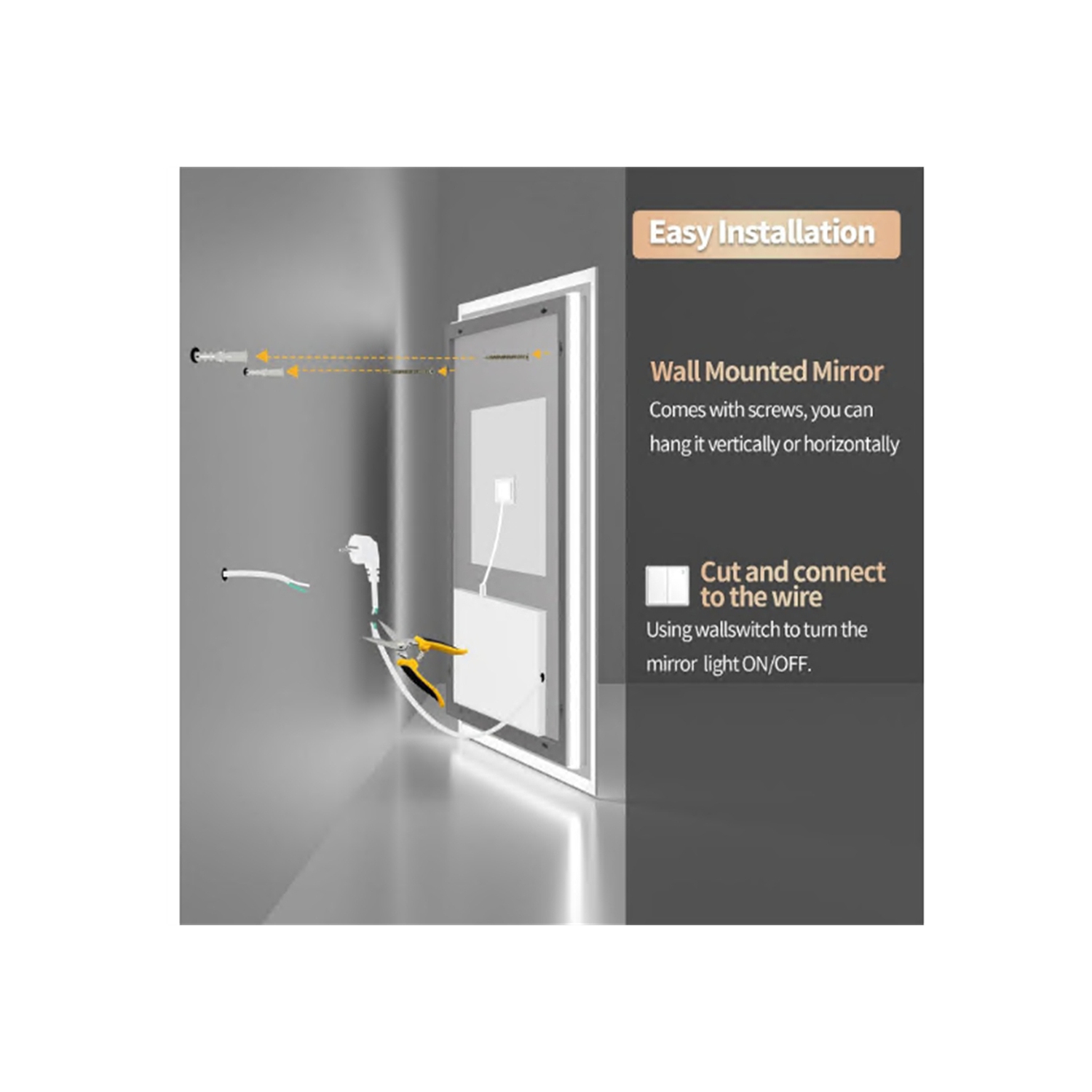 16 x 20 Inch Rectangle LED Bathroom Mirror Anti-Fog Wall Mounted Lighted Bathroom Vanity Mirror Smart Makeup Mirror 3 Colors Light Dimmable Touch