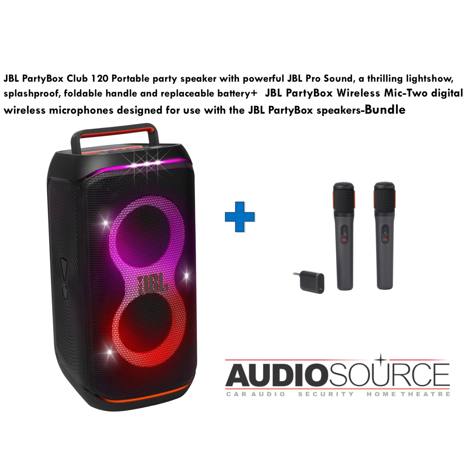Haut-parleur de fête portatif PartyBox Club 120 de JBL + ensemble de 2 microphones numériques sans fil PartyBox de JBL