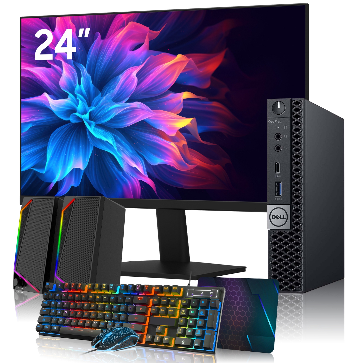 Refurbished (Good) - Dell OptiPlex 7050 Mini Computer PC - 24" Inch FHD Monitor, Intel Core i5-6500T, 16GB DDR4 RAM, 512GB SSD, RGB Speaker, RGB Keyboard Mouse, Windows 10 Pro