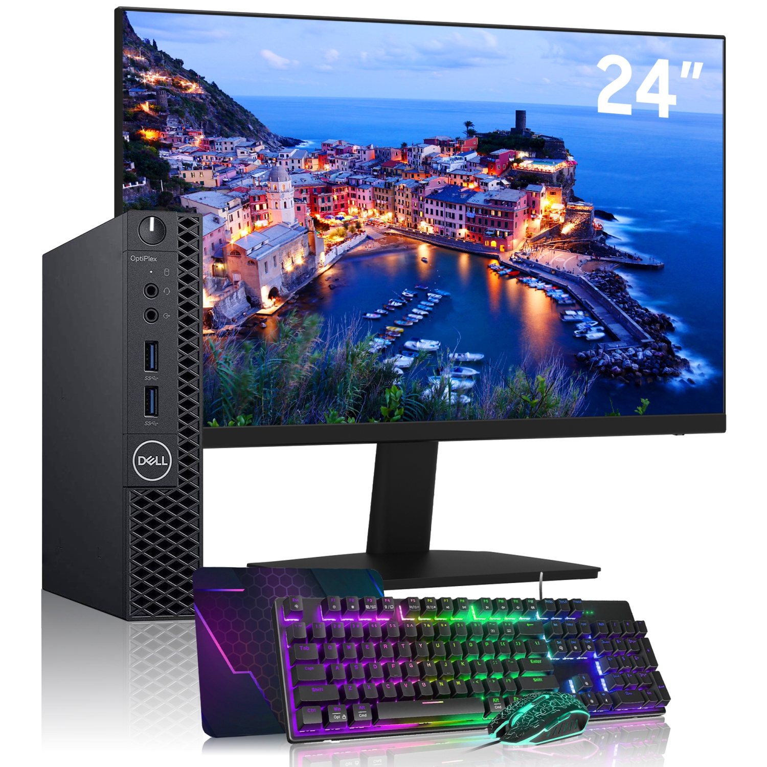 Refurbished (Good) - Dell OptiPlex Mini Tiny Computer PC - 24" Inch FHD Monitor, Intel Core 3.20GHz Processor, 16GB DDR4 RAM, 512GB NVMe SSD, Windows 10 Pro