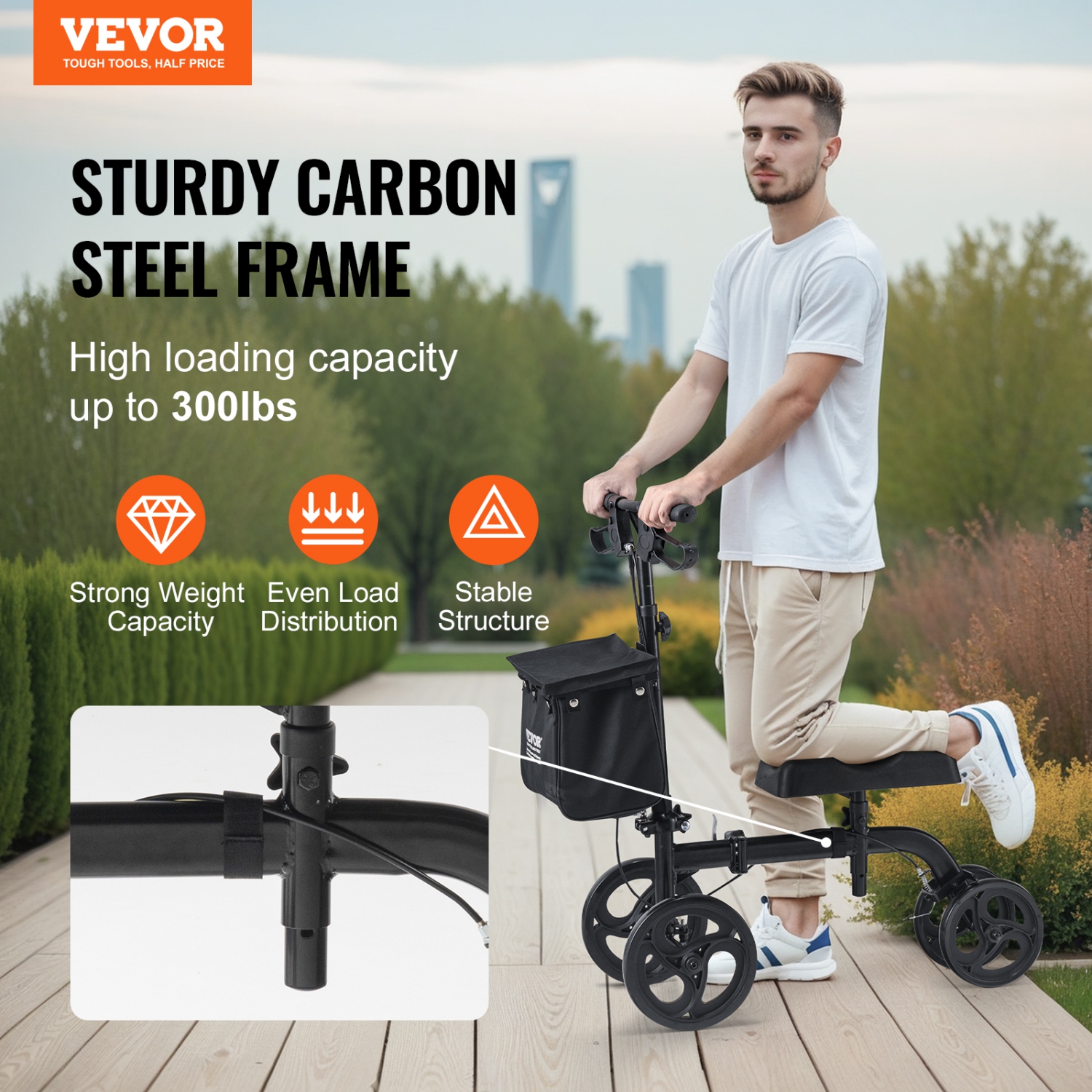 VEVOR Knee Scooter, Carbon Steel Steerable Knee Walker with Height-Adjustable Handlebar & Knee Pad, Solid Wheels, Dual Brakes, Leg Recovery Scooter