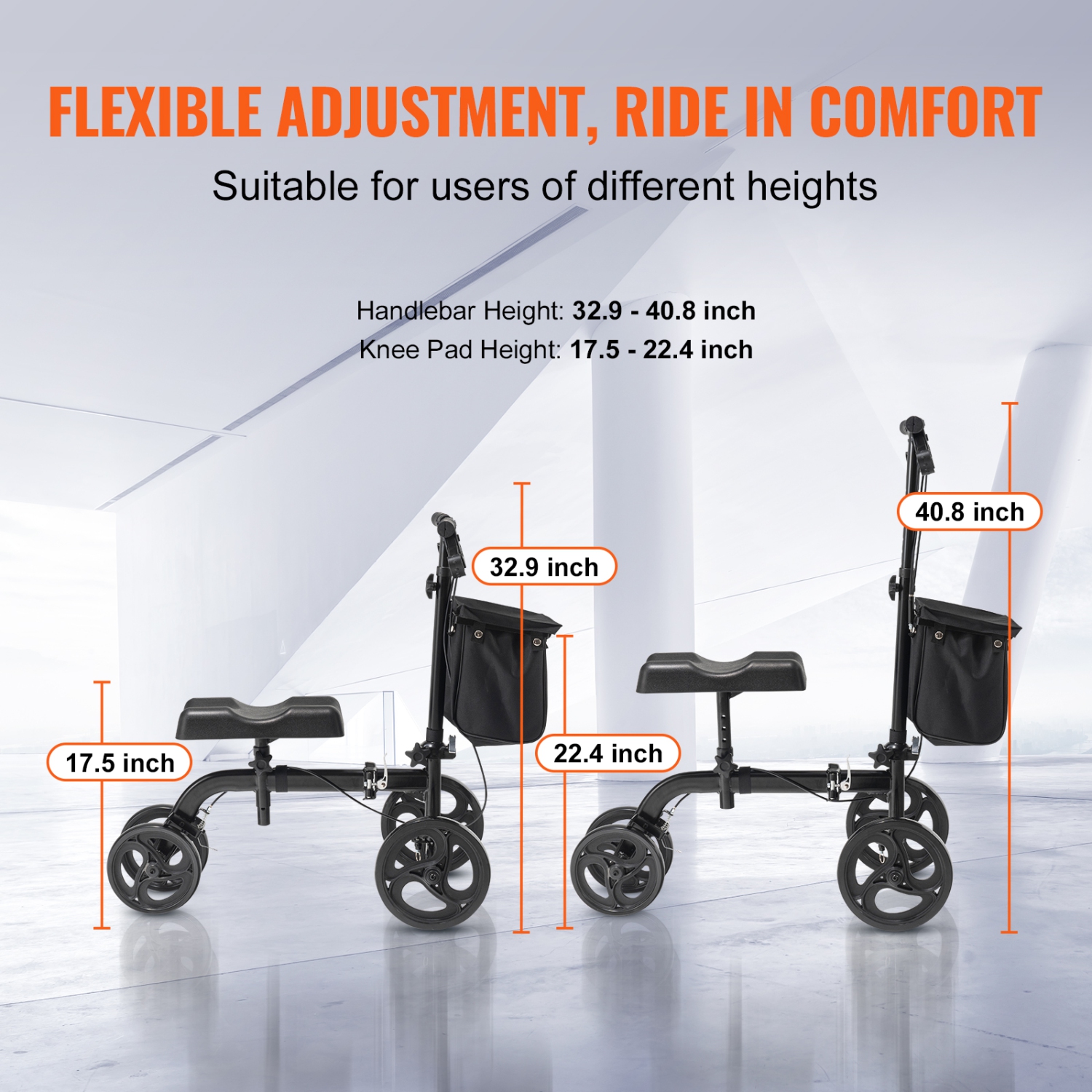 VEVOR Knee Scooter, Carbon Steel Steerable Knee Walker with Height-Adjustable Handlebar & Knee Pad, Solid Wheels, Dual Brakes, Leg Recovery Scooter