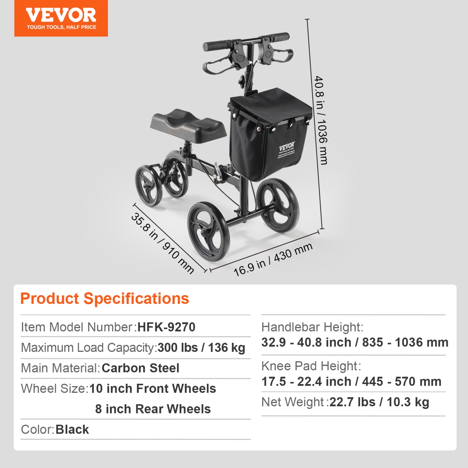 VEVOR Knee Scooter, Carbon Steel Steerable Knee Walker with Height-Adjustable Handlebar & Knee Pad, Solid Wheels, Dual Brakes, Leg Recovery Scooter