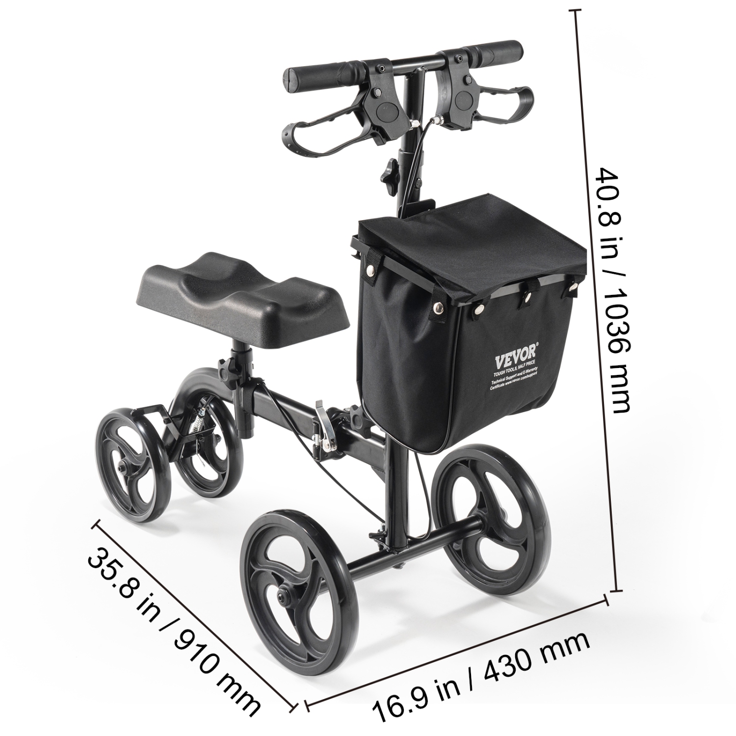 VEVOR Knee Scooter, Carbon Steel Steerable Knee Walker with Height-Adjustable Handlebar & Knee Pad, Solid Wheels, Dual Brakes, Leg Recovery Scooter