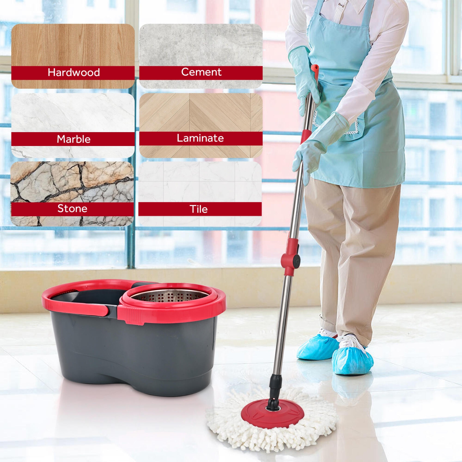 Spin Mop and Bucket Set, Floor Cleaning Set with 1 Extra Mop Head, Detachable Spinning Basket and Easy Wring 360°Magic Mop, Swivel Wet and Dry Mop