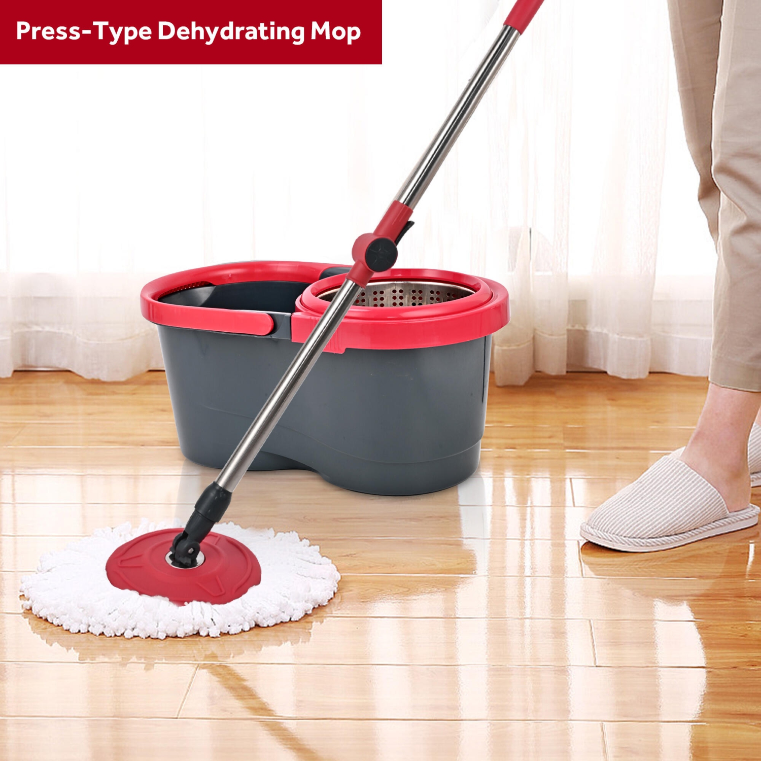 Spin Mop and Bucket Set, Floor Cleaning Set with 1 Extra Mop Head, Detachable Spinning Basket and Easy Wring 360°Magic Mop, Swivel Wet and Dry Mop
