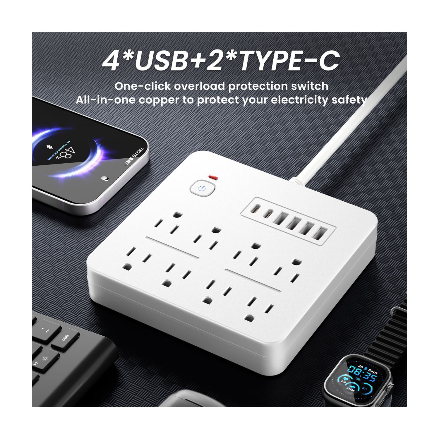 Bande femelle multifonctionnelle pour carte de câblage du bureau à domicile, prise USB multi-trous - noir 1,8&nbsp;M