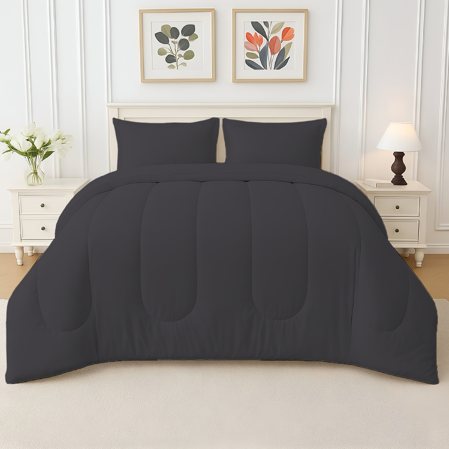 Beddora 5-Piece Bed in a Bag – Includes Comforter, 2 Shams, Decorative Cushion & Square Cushion – Ultra-Soft, All-Season Bedding – Queen – Forged Iron