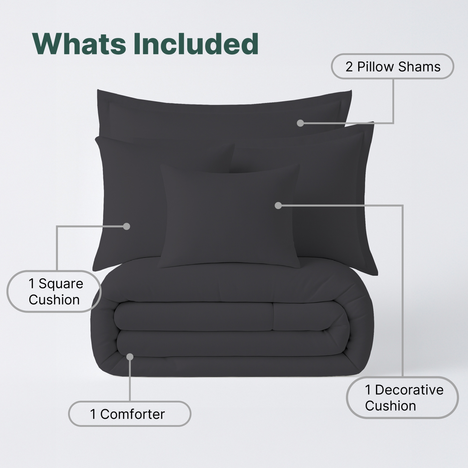 Beddora 5-Piece Bed in a Bag – Includes Comforter, 2 Shams, Decorative Cushion & Square Cushion – Ultra-Soft, All-Season Bedding – King – Forged Iron