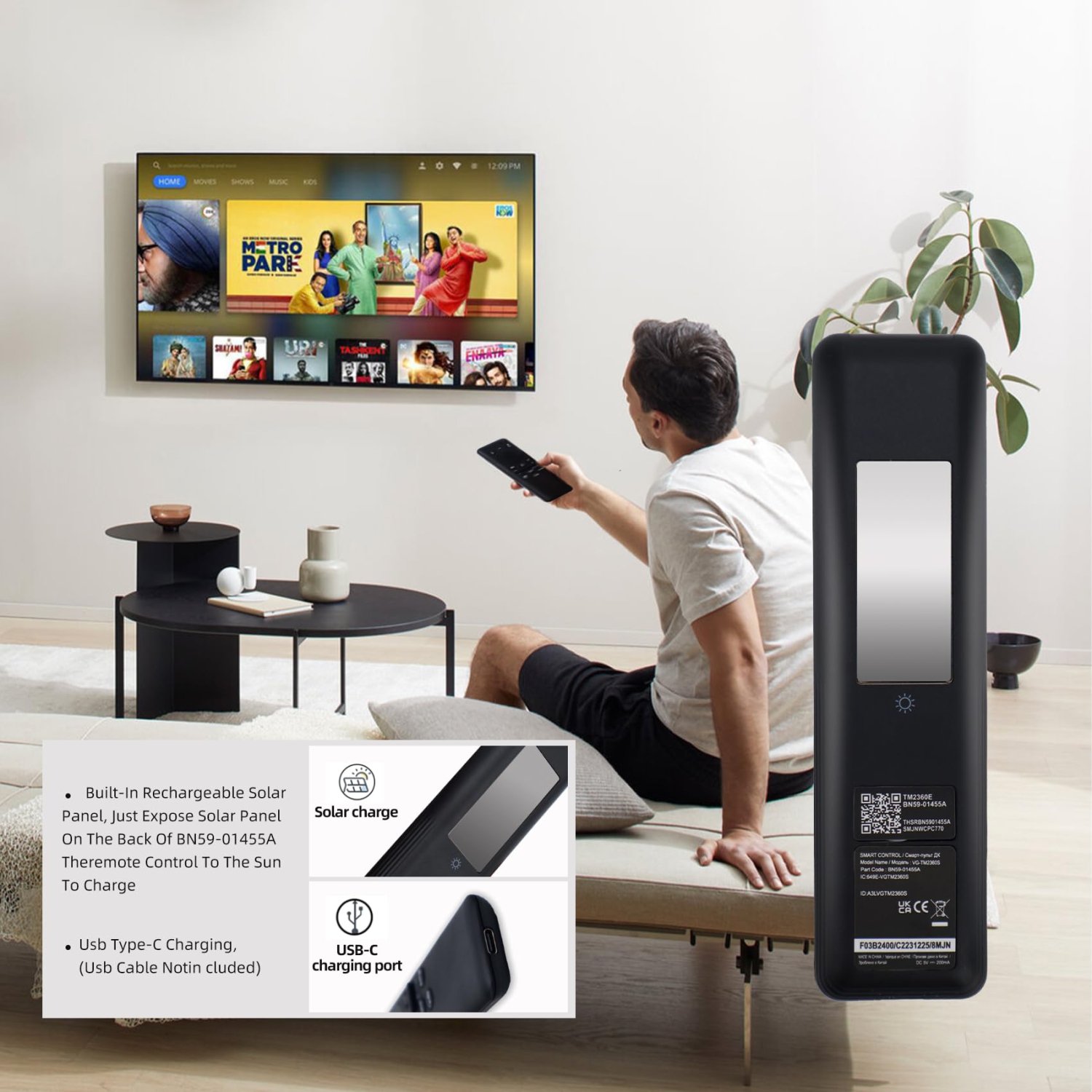 Télécommande de téléviseur à recharge solaire, télécommande vocale BN59-01455&nbsp;A de rechange pour Samsung TV