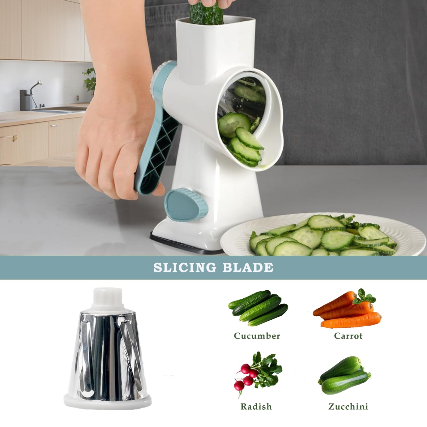 Multifunctional Hand Crank Vegetable Cutter, Rotary Cheese Grater with 3 Replaceable Blades, Suitable for Cutting Cheese, Vegetables in the Kitchen