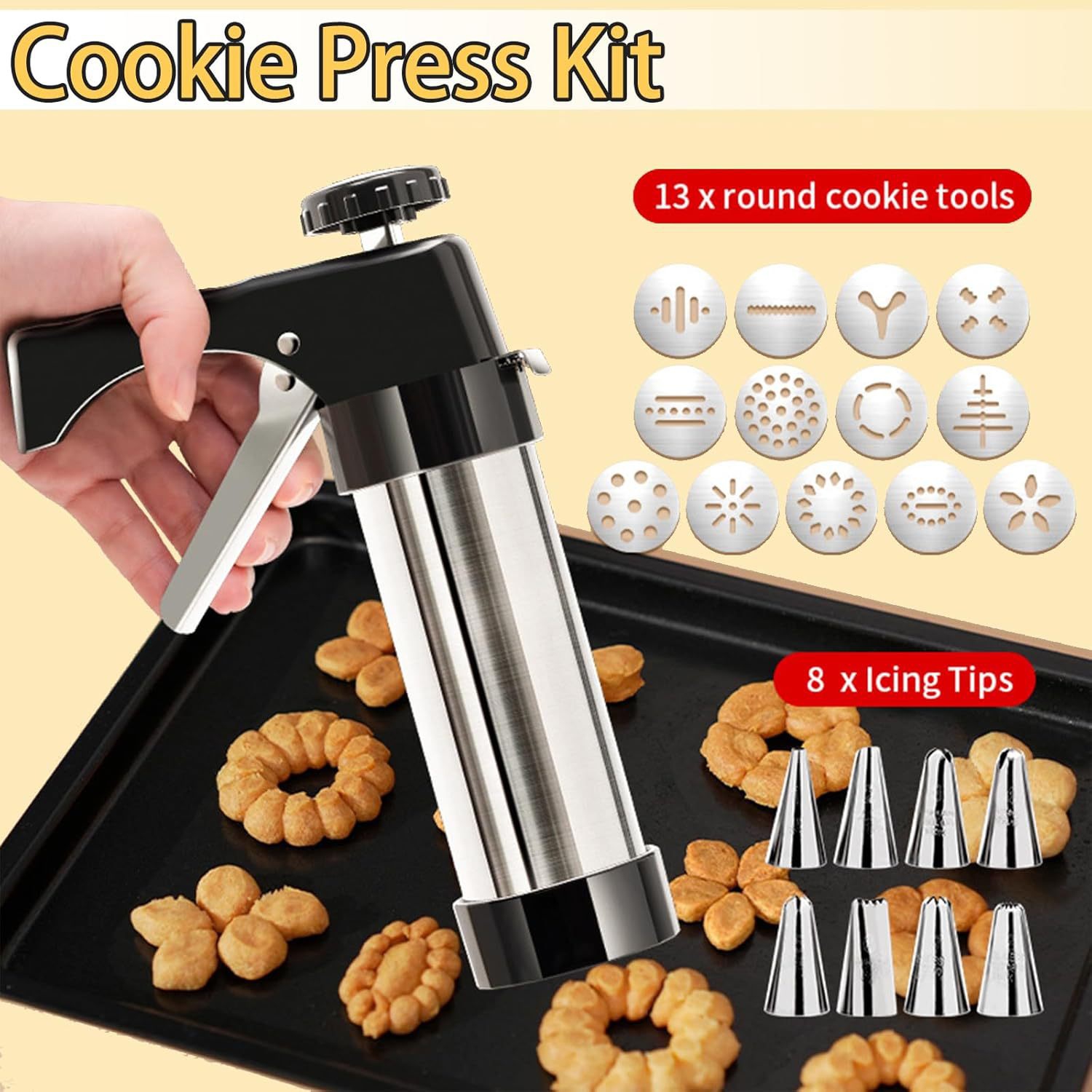 Cookie Stamper Set with 8 Piping Nozzles and 13 Cookie Trays for DIY Christmas Cookie Making